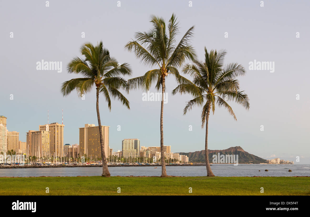 Honolulu und Waikiki vom Ala Moana Park wie die Sonne-sets mit drei Palmen, Hawaii, USA Stockfoto