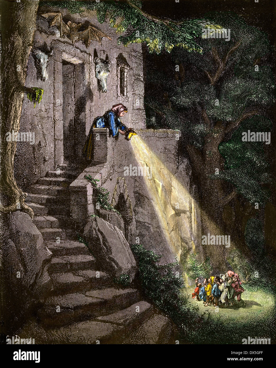 Hop-O'-My-Thumb und seine Brüder um die Heimat der Ogre, eine Szene aus der Geschichte von Charles Perrault. Hand - farbige Holzschnitt Stockfoto