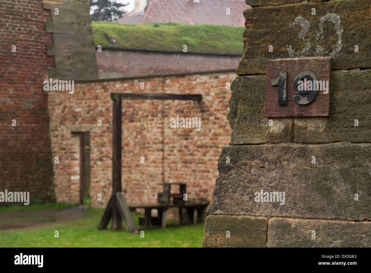 Konzentrationslager Theresienstadt, Blick auf die hängenden Punkt an einem regnerischen Tag, Prag, Tschechische Republik Stockfoto