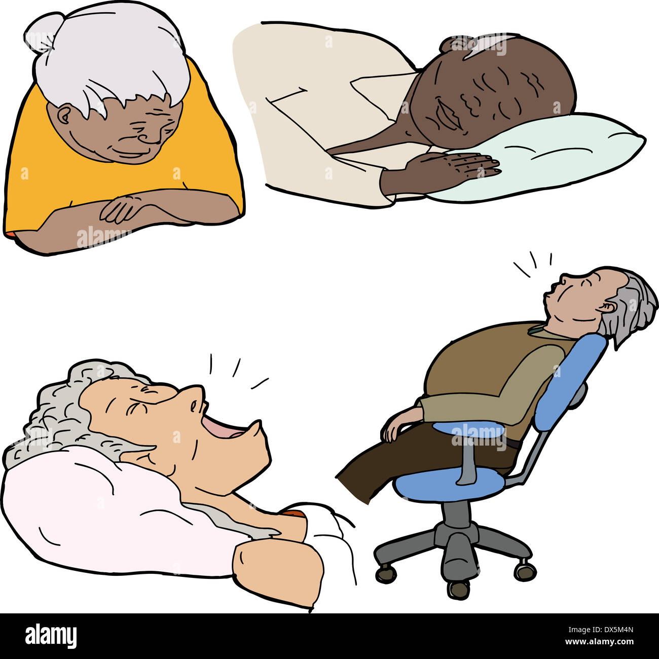 Verschiedene ältere Erwachsene schlafen auf weißem Hintergrund Stockfoto
