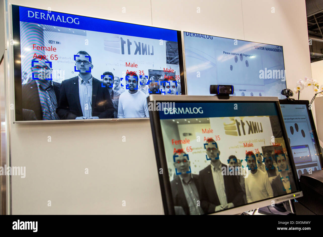 Messegelände Hannover, Deutschland. Computermesse CeBIT 2014. Face-Detection-Software. Stockfoto