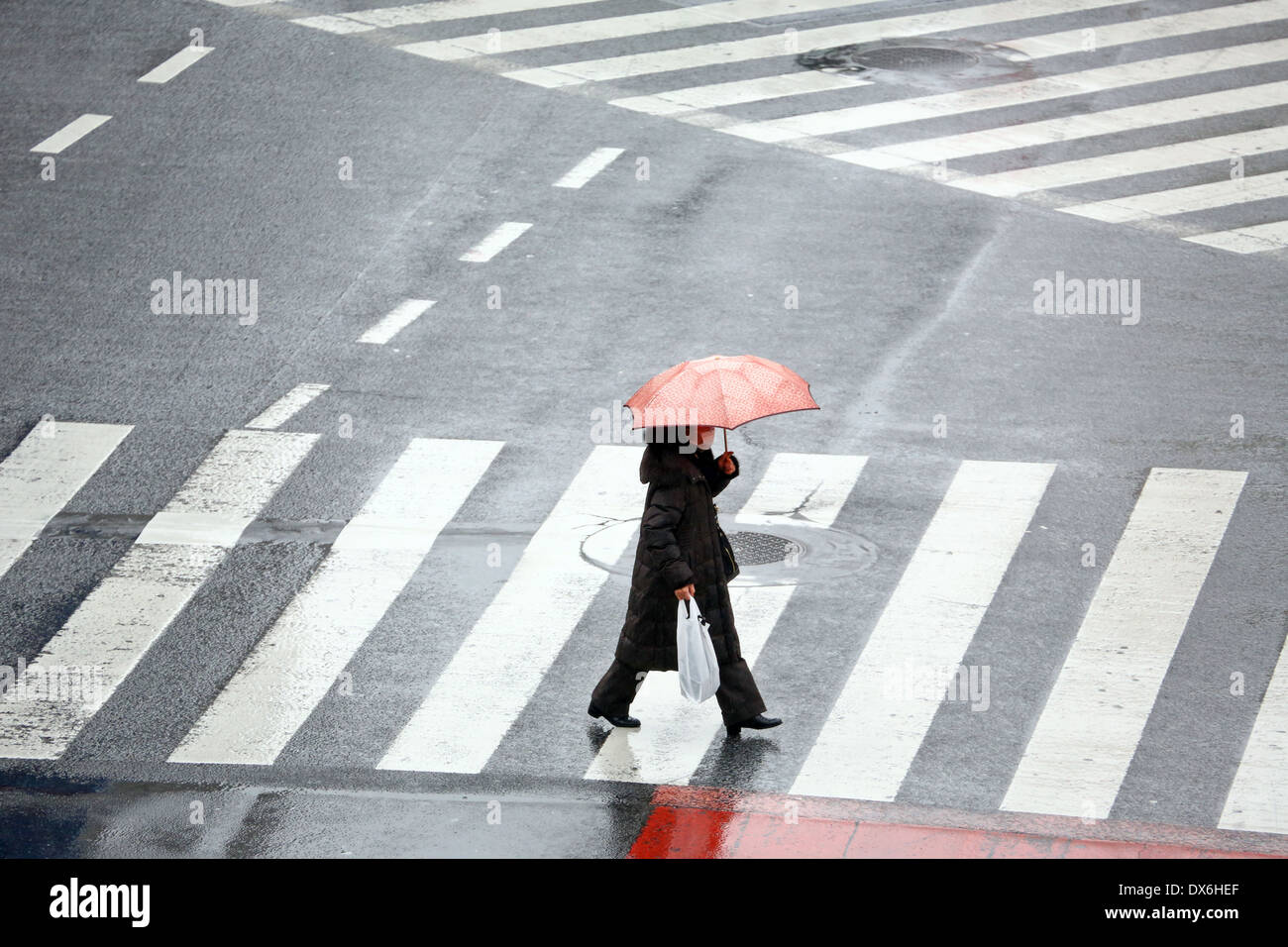 Menschen, die Sonnenschirme in den Regen zu Fuß über den Fussgängerstreifen in Shibuya, Tokyo, Japan Stockfoto