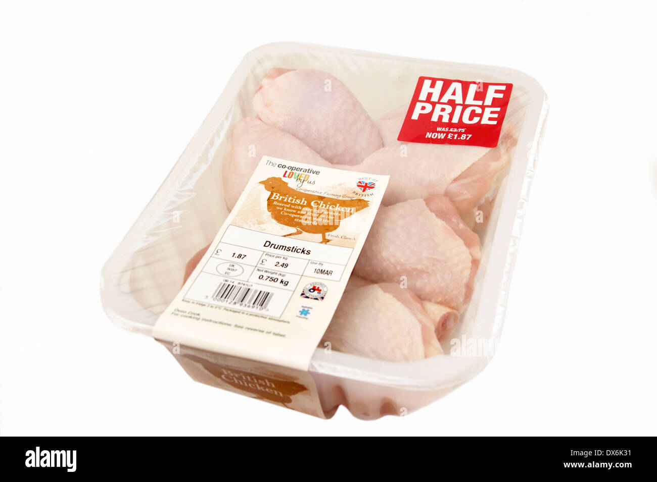 Co-Operative britische chicken Drumsticks (Zeichen / Logos der britischen Bauernhof Standardlogo der kleine rote Traktor-Symbol) Stockfoto