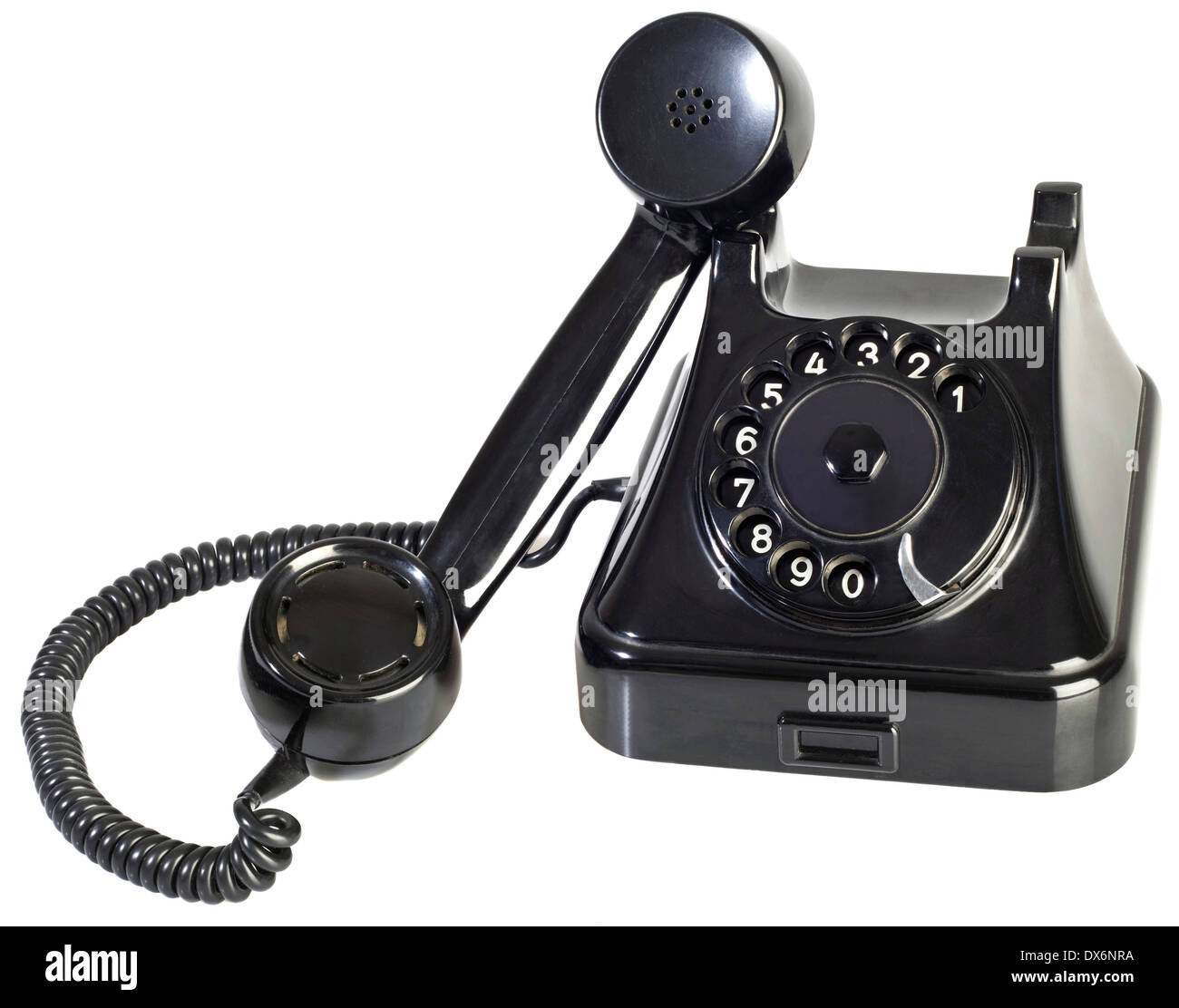 Alte schwarze Bakelit Telefon mit Wählscheibe Isolated on White Background Stockfoto