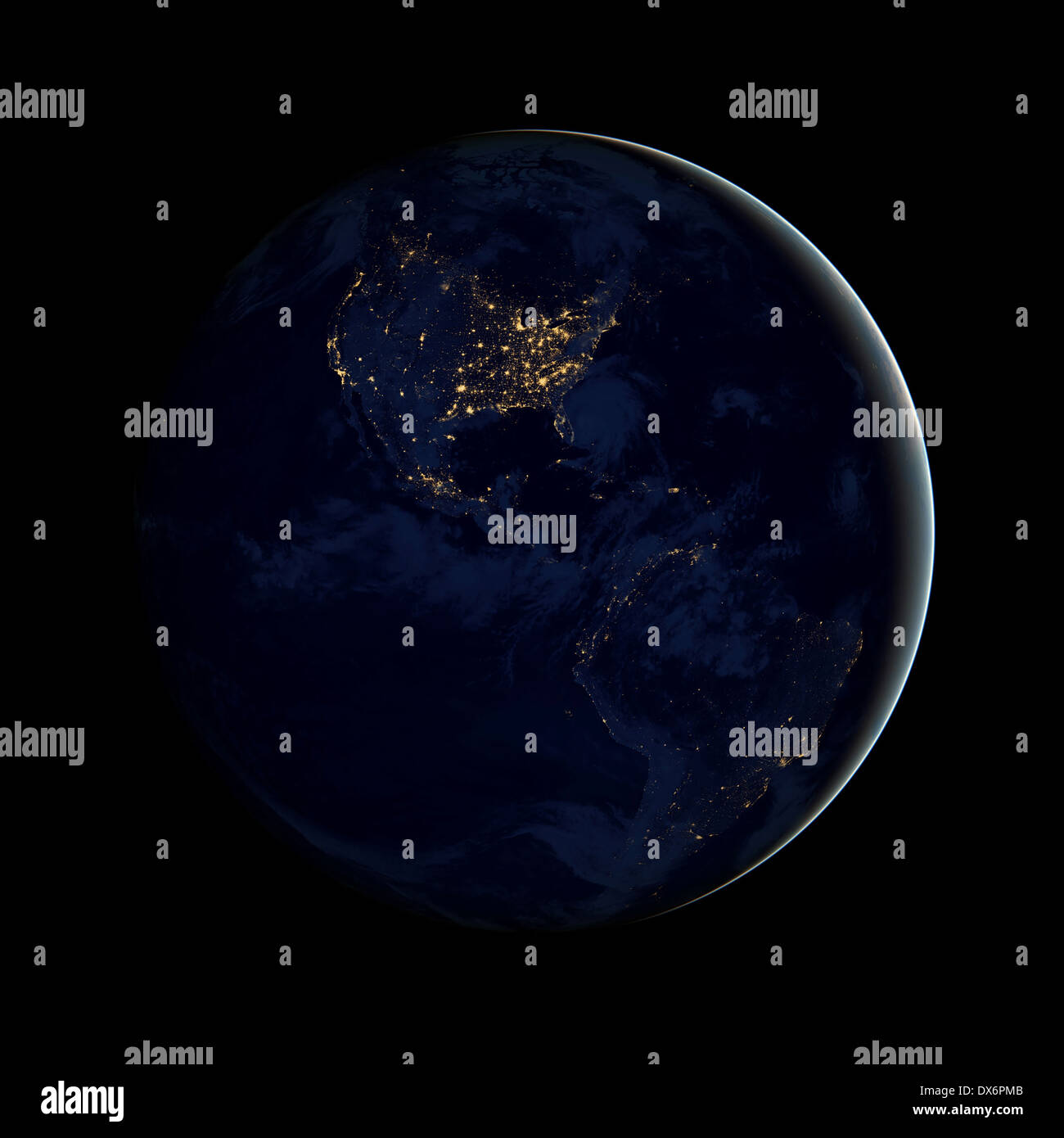 Erde bei Nacht, die Lichter in Nord- und Südamerika zeigen Stockfoto