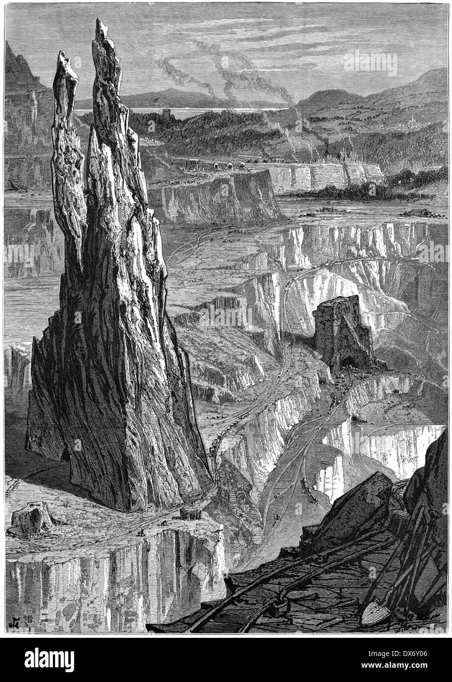 Eine Gravur mit dem Titel „Penrhyn Slate Quarries“, die in hoher Auflösung aus einem 1880 erschienenen Buch gescannt wurde. Urheberrechtlich geschützt. Stockfoto
