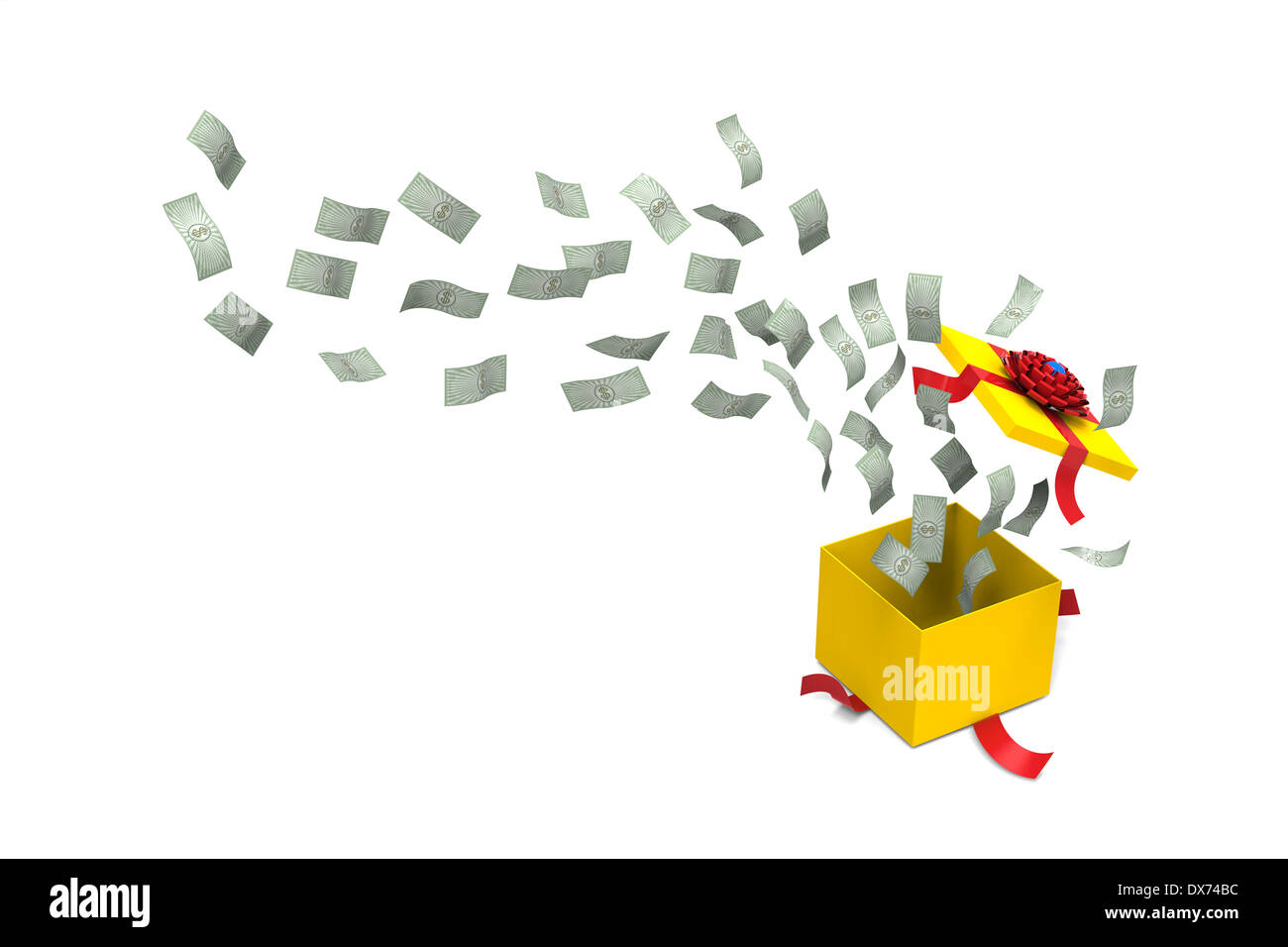 3D-Modell des Dollar Bank spritzte und schwebte heraus aus einer gelben Geschenkbox Stockfoto