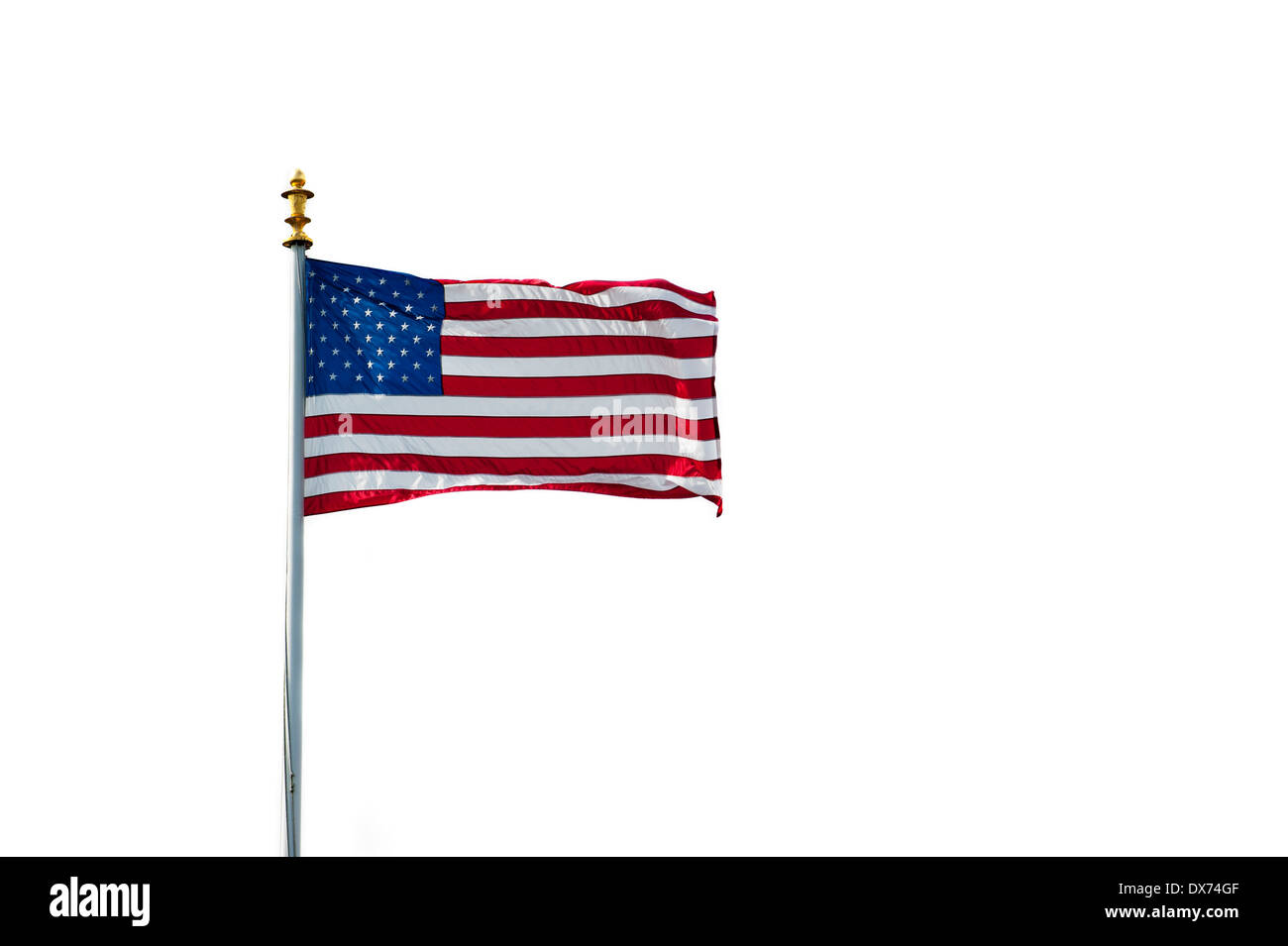 Amerikanische Flagge zeigen uns Stars and Stripes wehen im Wind auf weißem Hintergrund Stockfoto