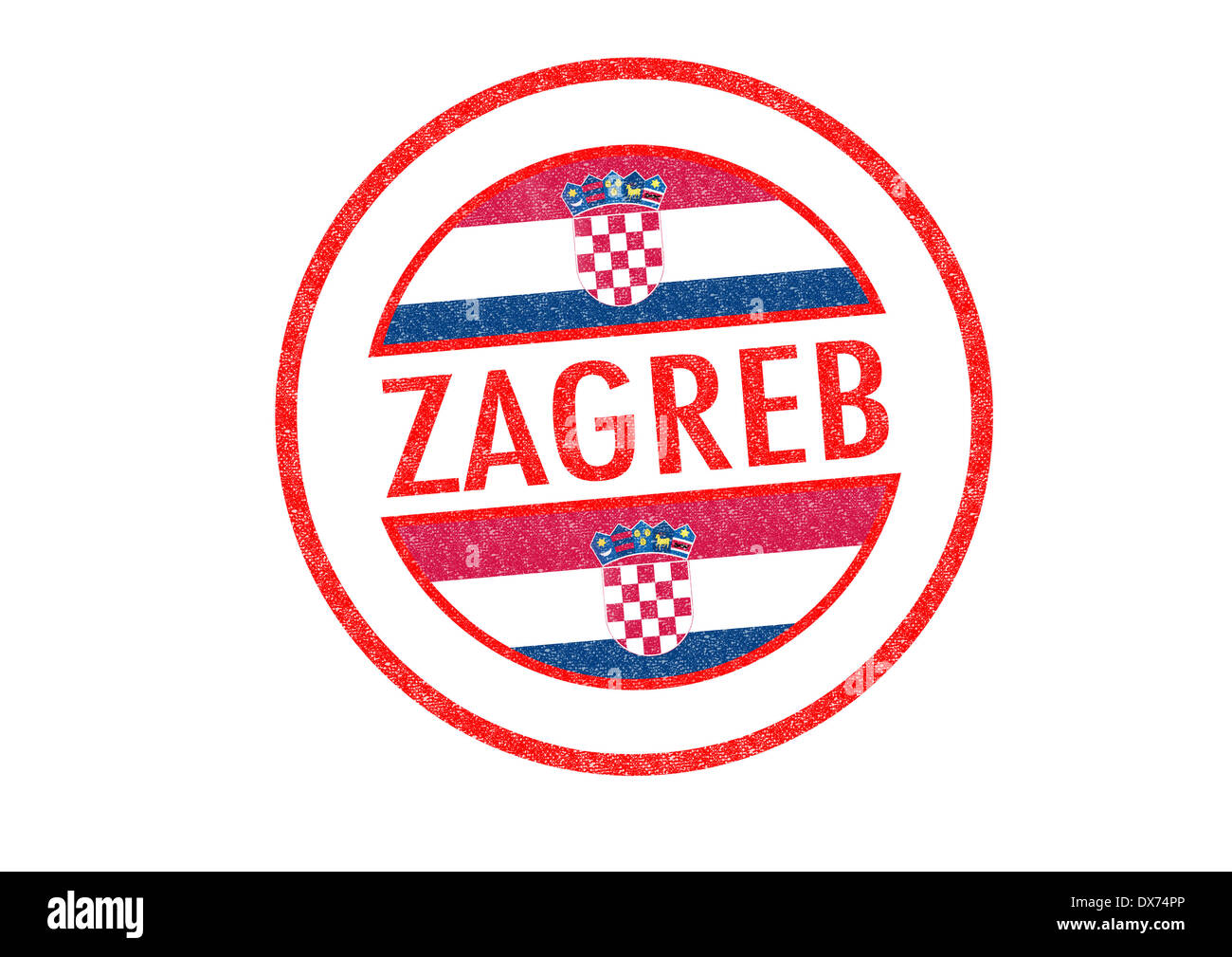 Reisepass-Stil ZAGREB (Kroatien) Stempel auf einem weißen Hintergrund. Stockfoto