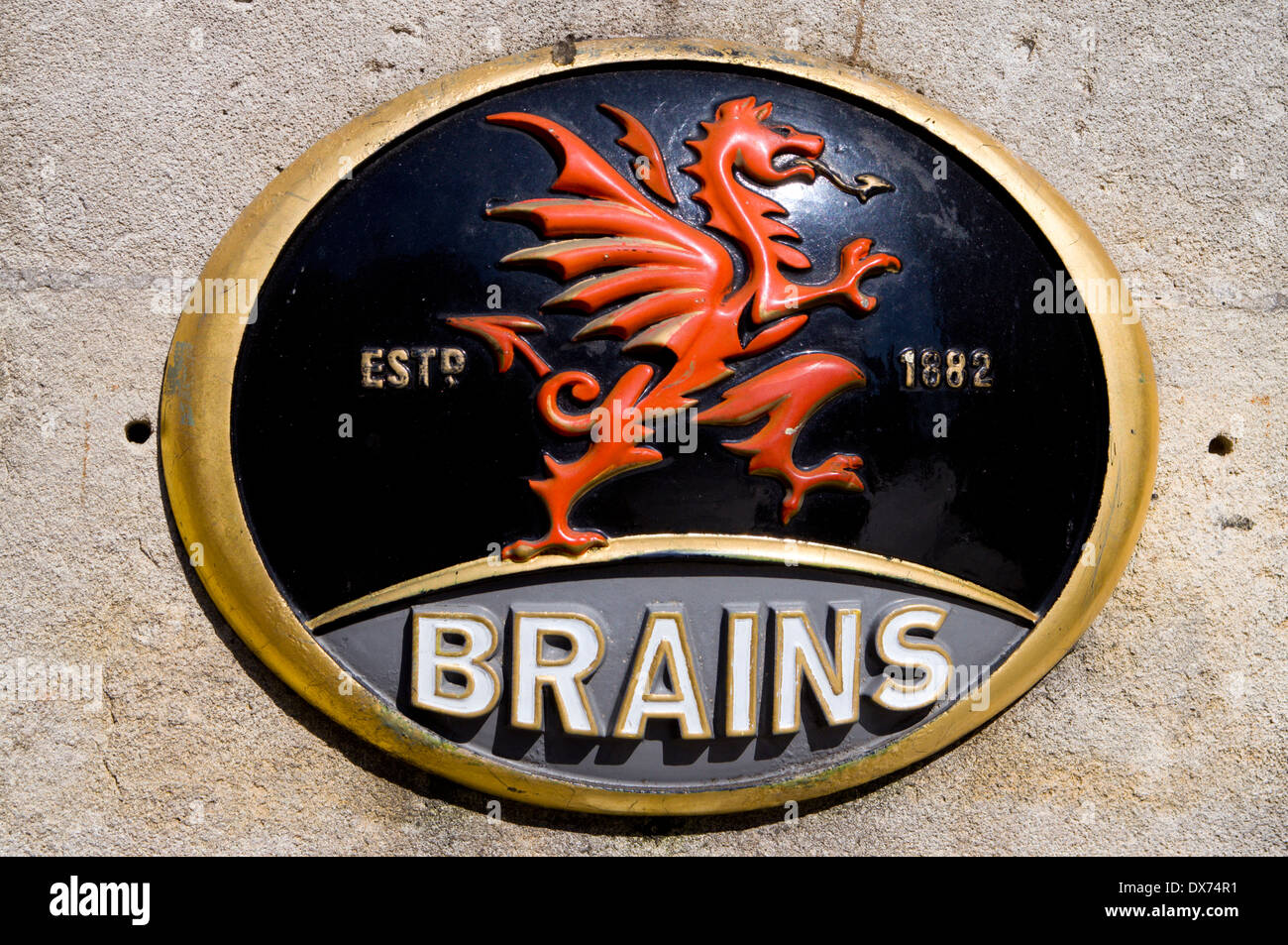 Gehirne Bier Schild, Cardiff, Wales. Stockfoto