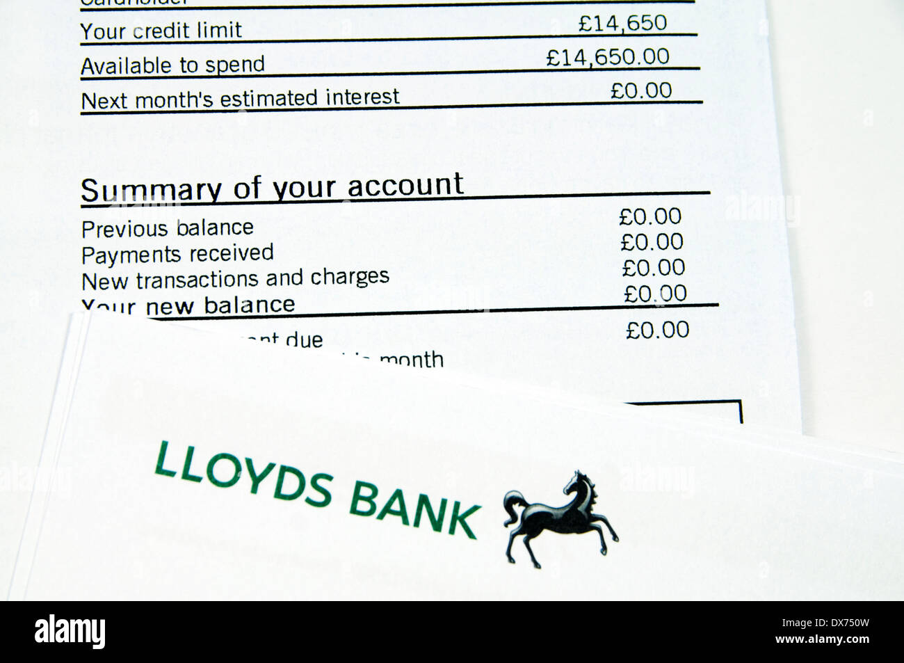 Lloyds Kreditkartenabrechnung mit nichts wegen. Stockfoto