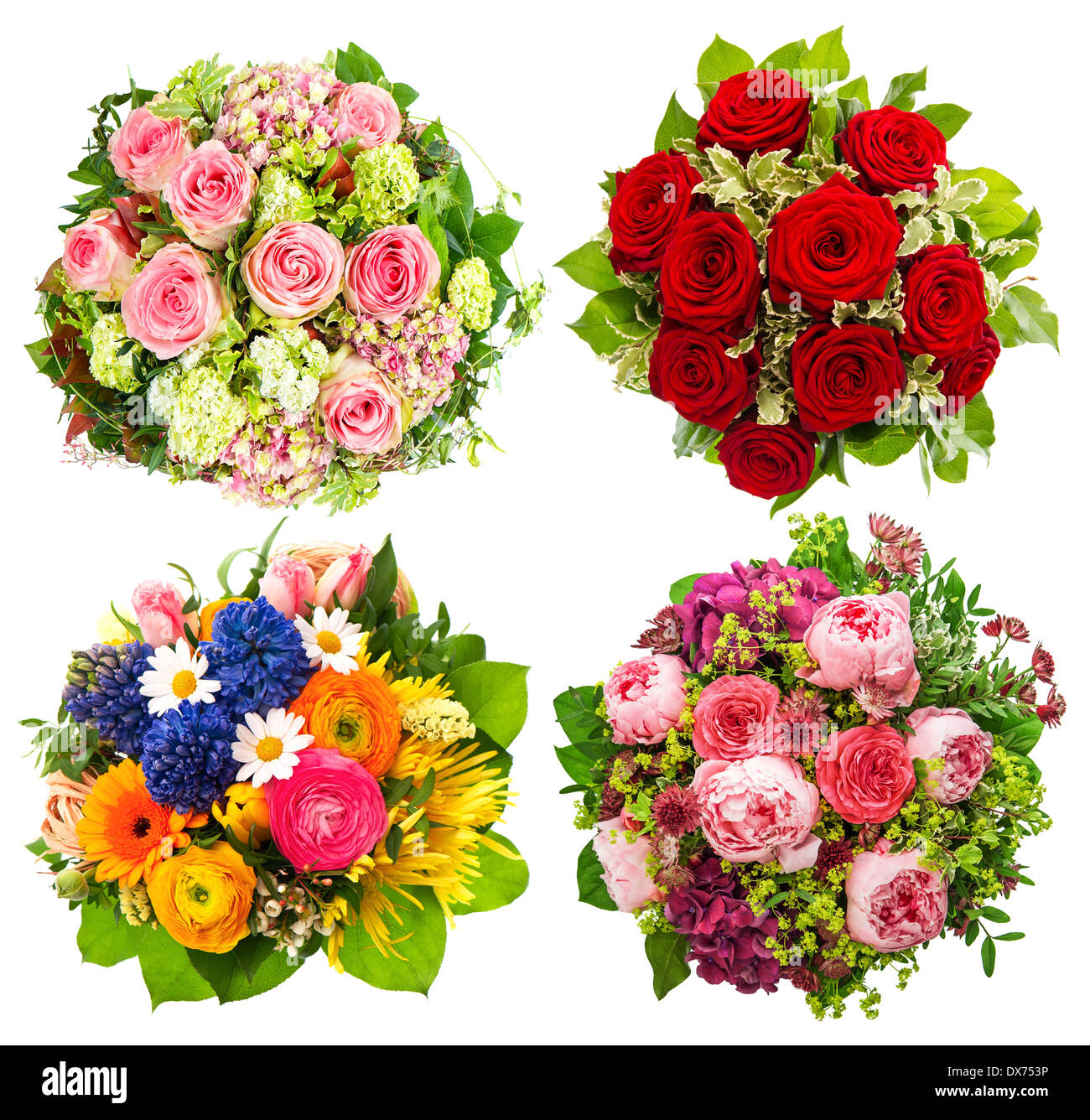 vier bunte Blumen Blumenstrauß für Geburtstag, Hochzeit, Muttertag, Ostern, Feiertage und Ereignisse im Leben Stockfoto