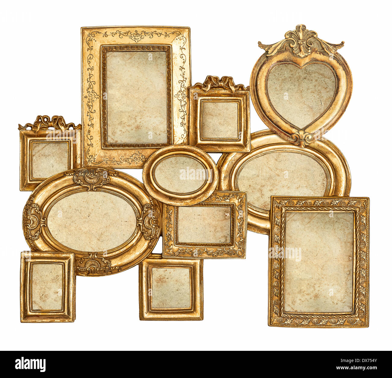 antike goldene Rahmen isoliert auf weißem Hintergrund. leere Barock-Rahmen mit Leinwand für Foto und Bild Stockfoto
