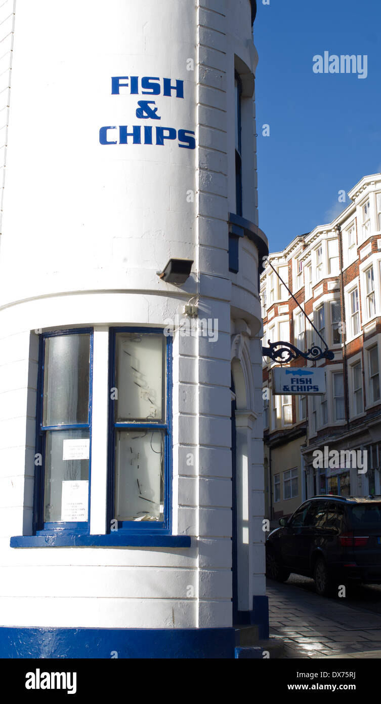 Außenseite des Seaside Fish &amp; Chips-Shop Scarborough, North Yorkshire UK Stockfoto