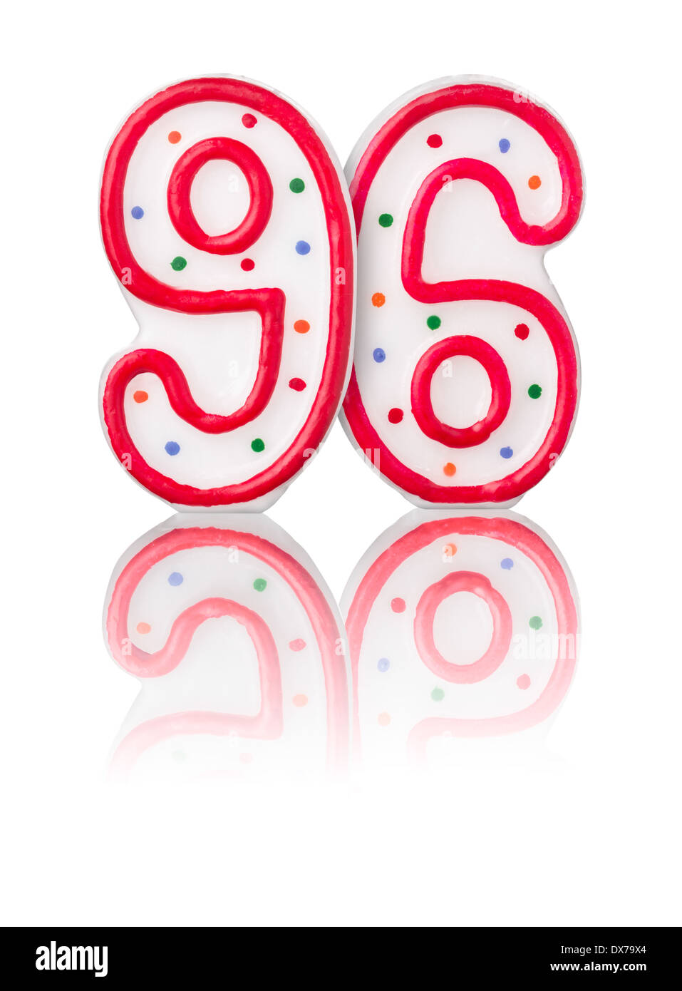 Rote Nummer 96 mit Reflektion auf weißem Hintergrund Stockfoto