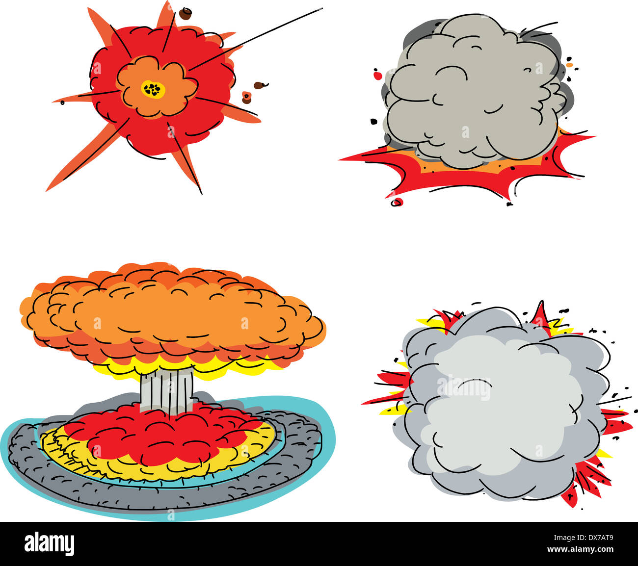 Set von vier Cartoon-Explosionen auf weißem Hintergrund Stockfoto