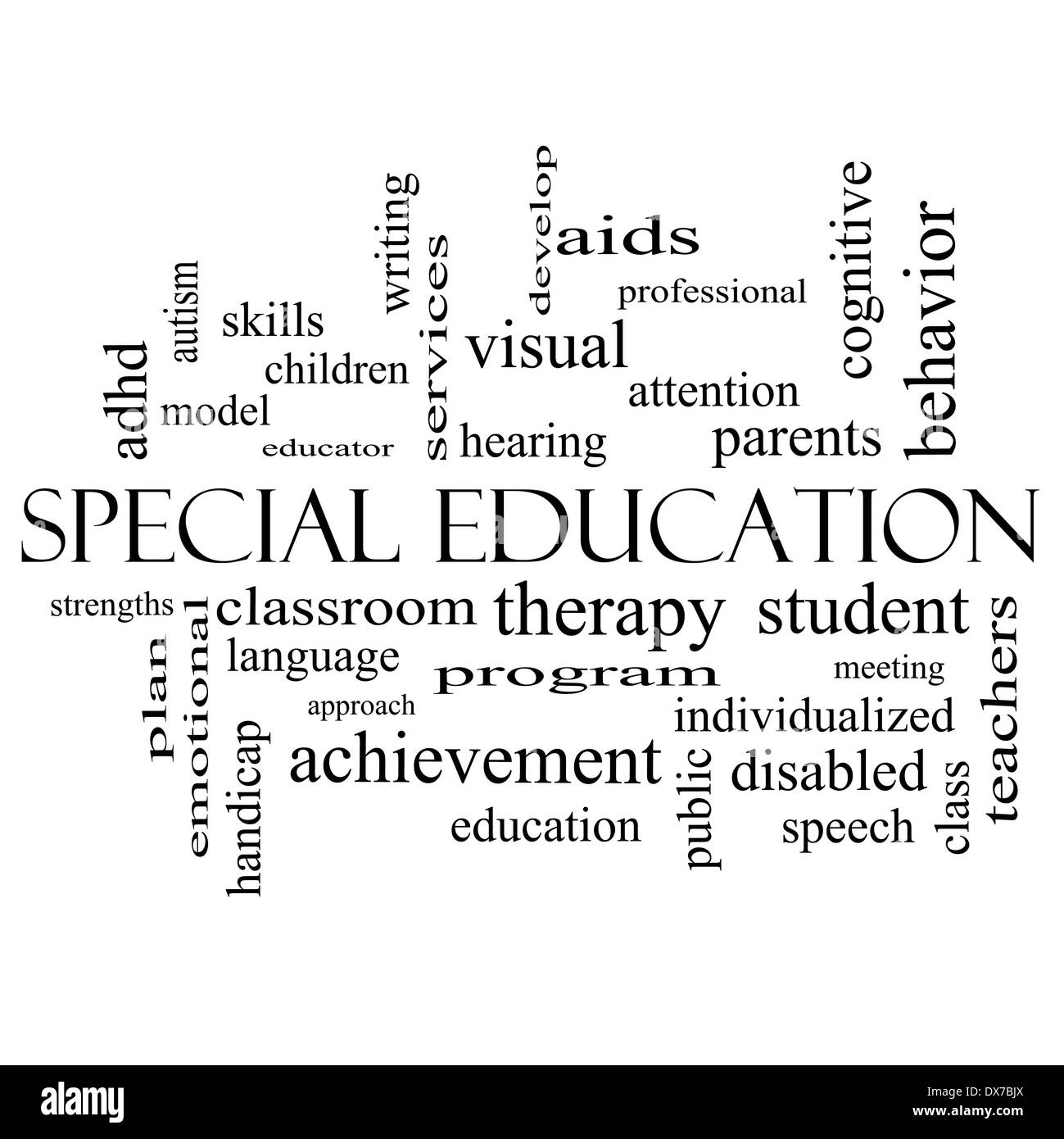 Special Education Word Cloud-Konzept in schwarz und weiß mit großen Begriffe wie Student, individualisiert, Programm und vieles mehr. Stockfoto