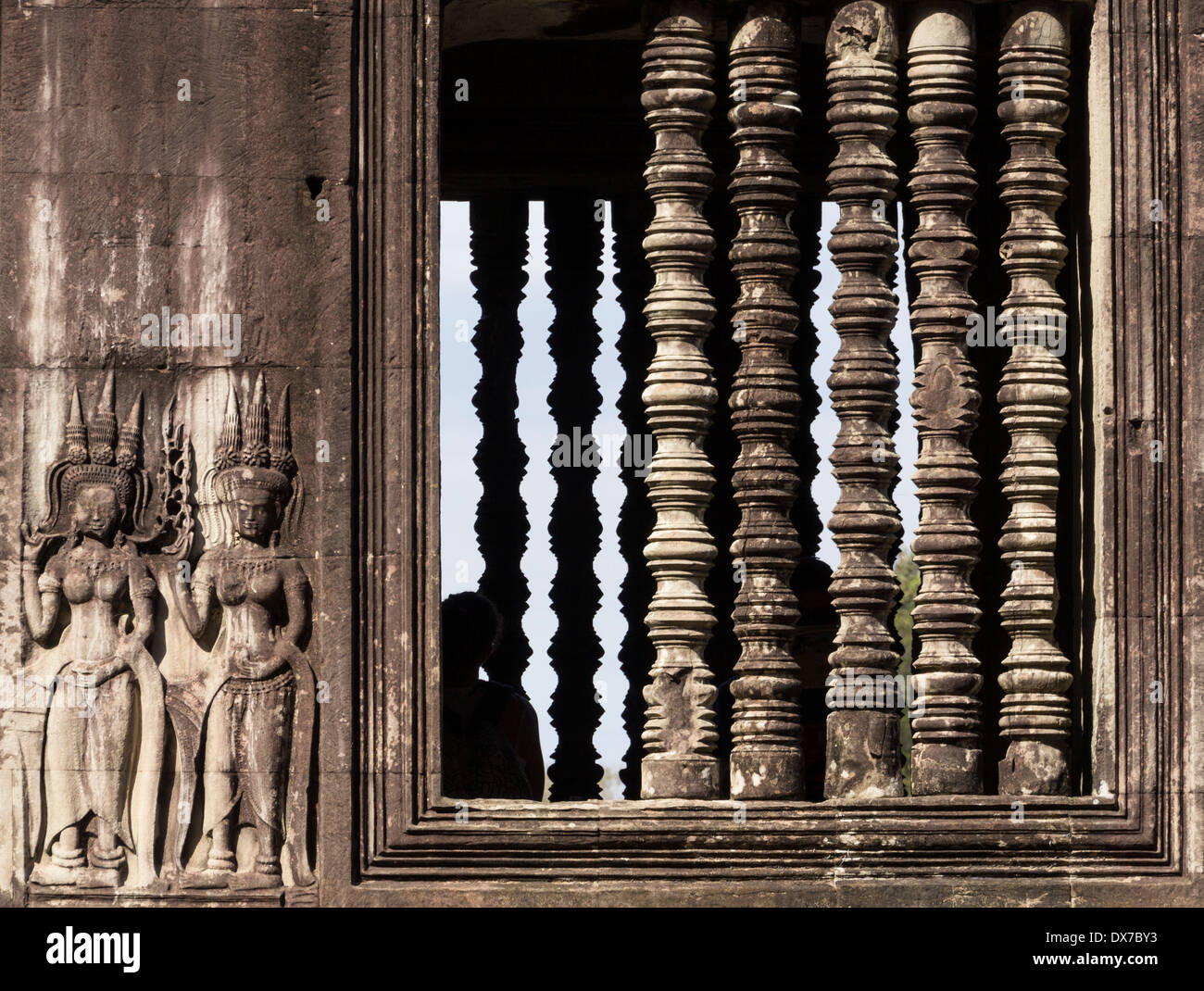 Detail der Säulen und Dekorationen der Tempel Angkor Wat, Angkor, Kambodscha Stockfoto