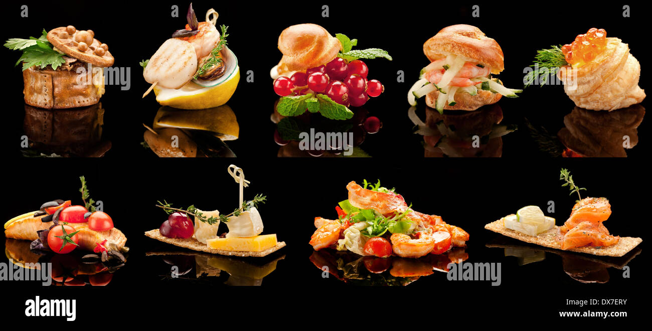 Eine Nahaufnahme von einer leckeren Variable Auswahl an Restaurant Gerichte für Bankett. Stockfoto