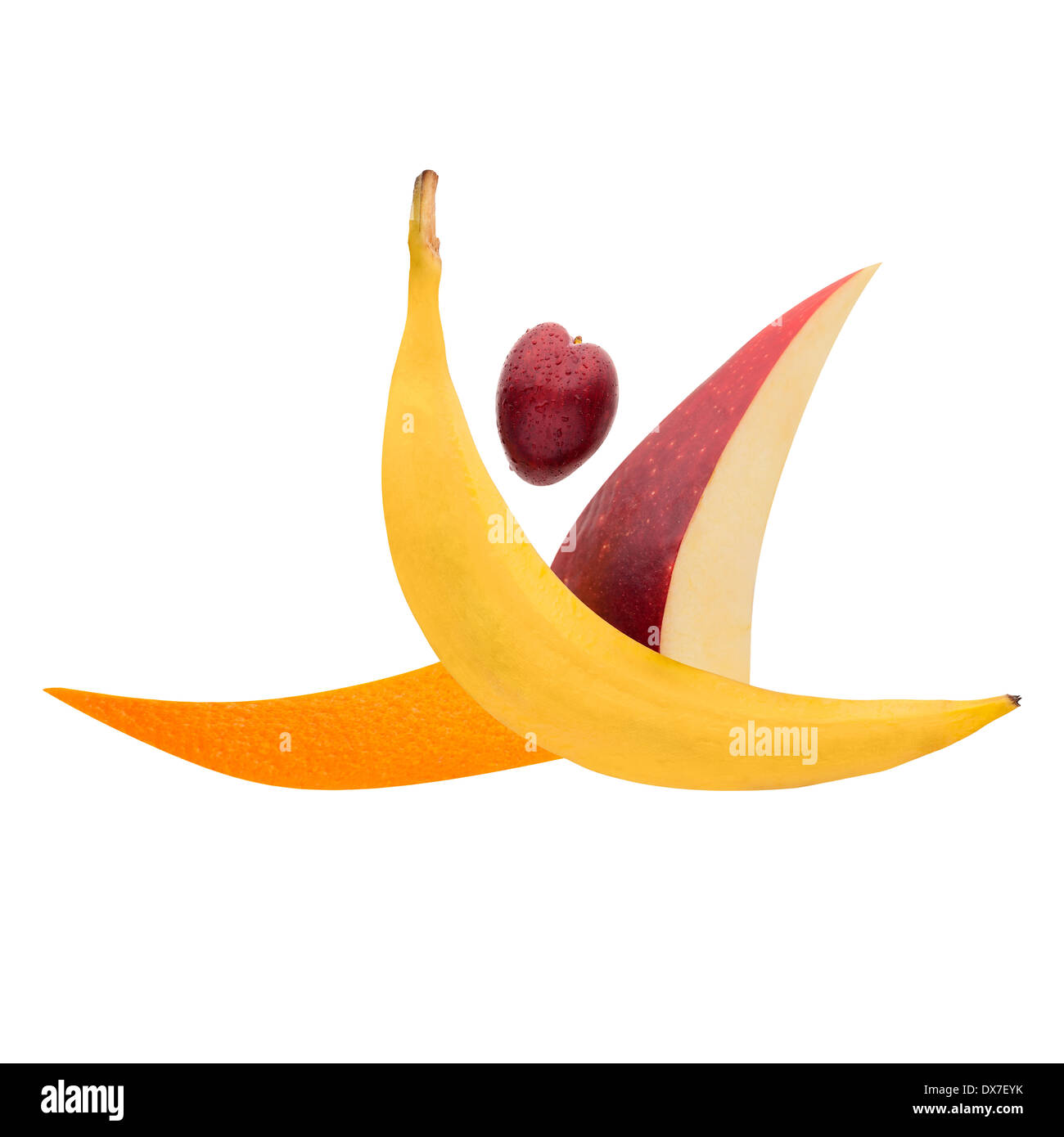 Früchte in eine Turnerin Form springen einen Split-Sprung angeordnet. Stockfoto