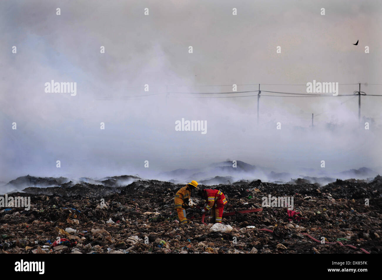 Samut Prakan, Thailand. 20. März 2014. Feuerwehr löschte ein massives Feuer auf einer Müll-Deponie in der Provinz Samut Prakan, Thailand, 20. März 2014. Ein Feuer in der Provinz Samut Prakan in Thailand am 16. März begann und giftige Gase in die Luft freigesetzt. Menschen in der Nähe der brennende Müllhalde mussten Zuflucht außerhalb des Gefahrenbereichs. Bildnachweis: Rachen Sageamsak/Xinhua/Alamy Live-Nachrichten Stockfoto