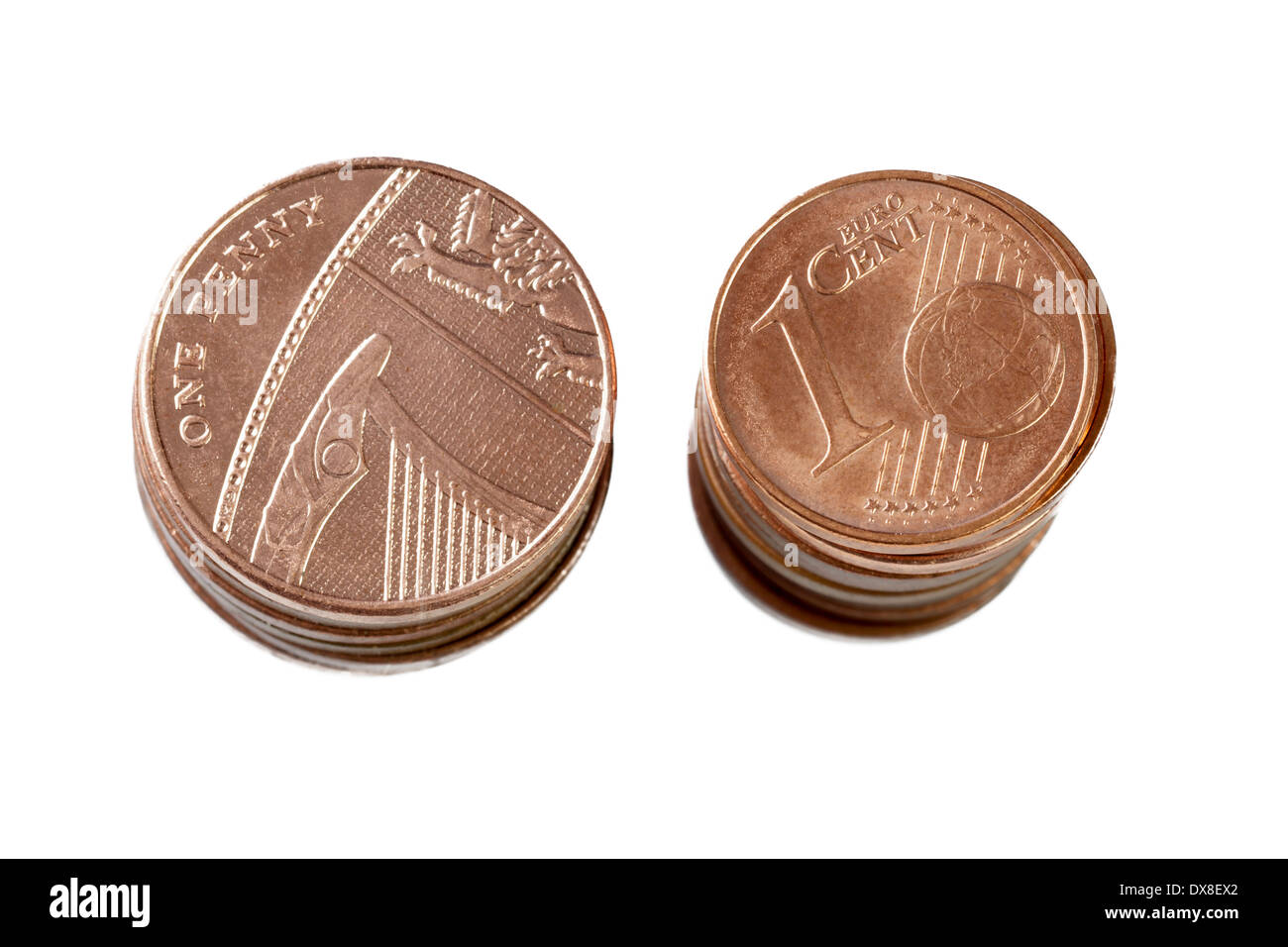 Britische Pfennige und Euro-Cent-Münzen Stockfoto