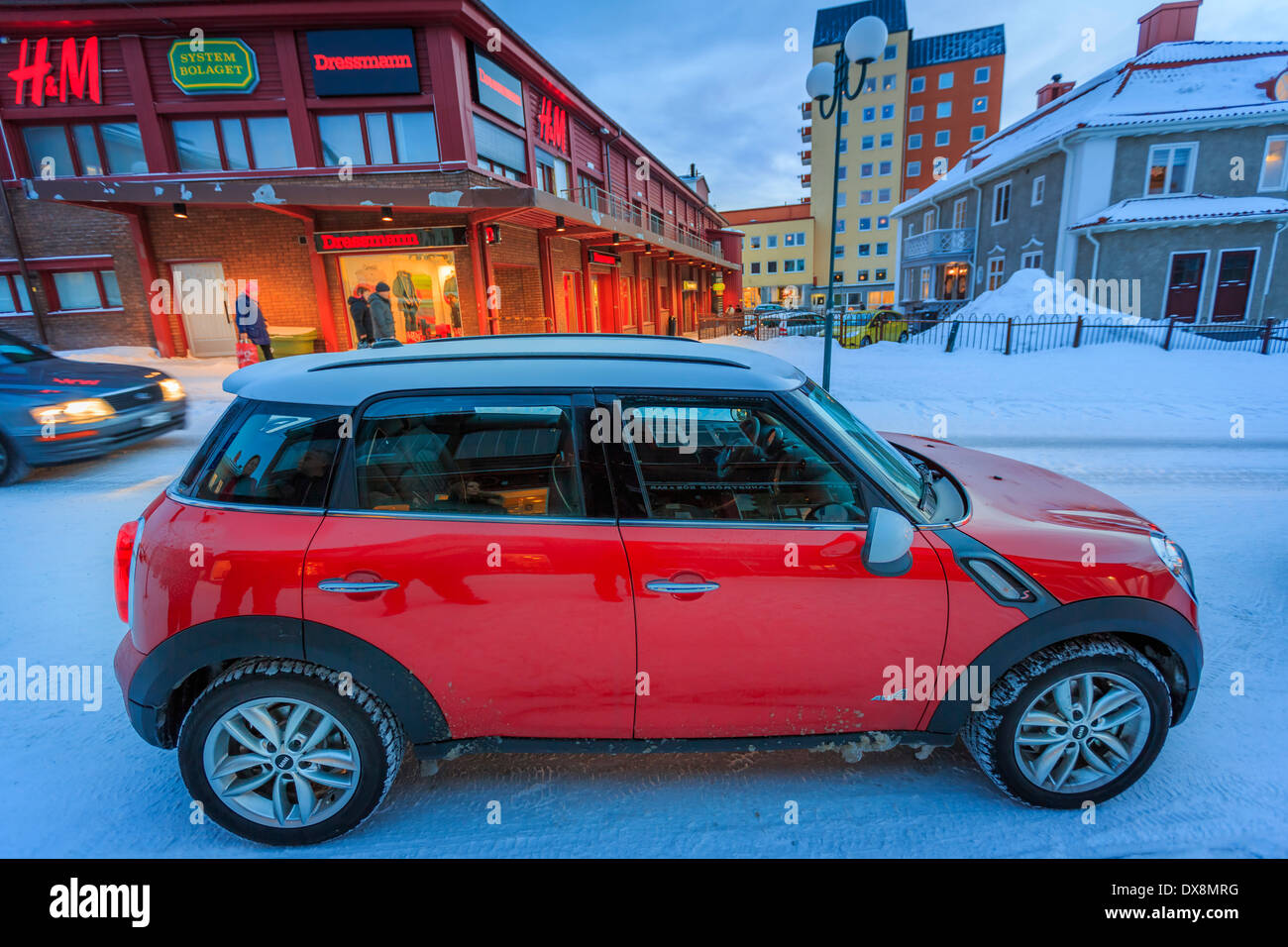 Mini Cooper Countryman, Jukkasjarvi, Lappland, Schweden Stockfoto