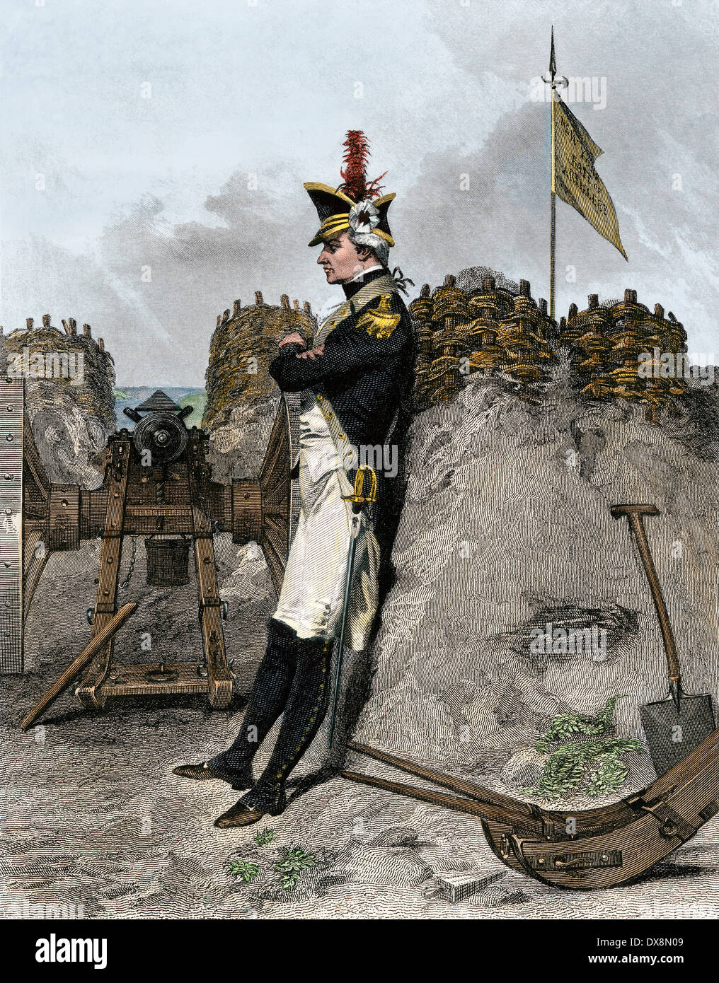 Alexander Hamilton als Artillerieoffizier in der amerikanischen Revolution. Handcolorierte Stahlstich Stockfoto