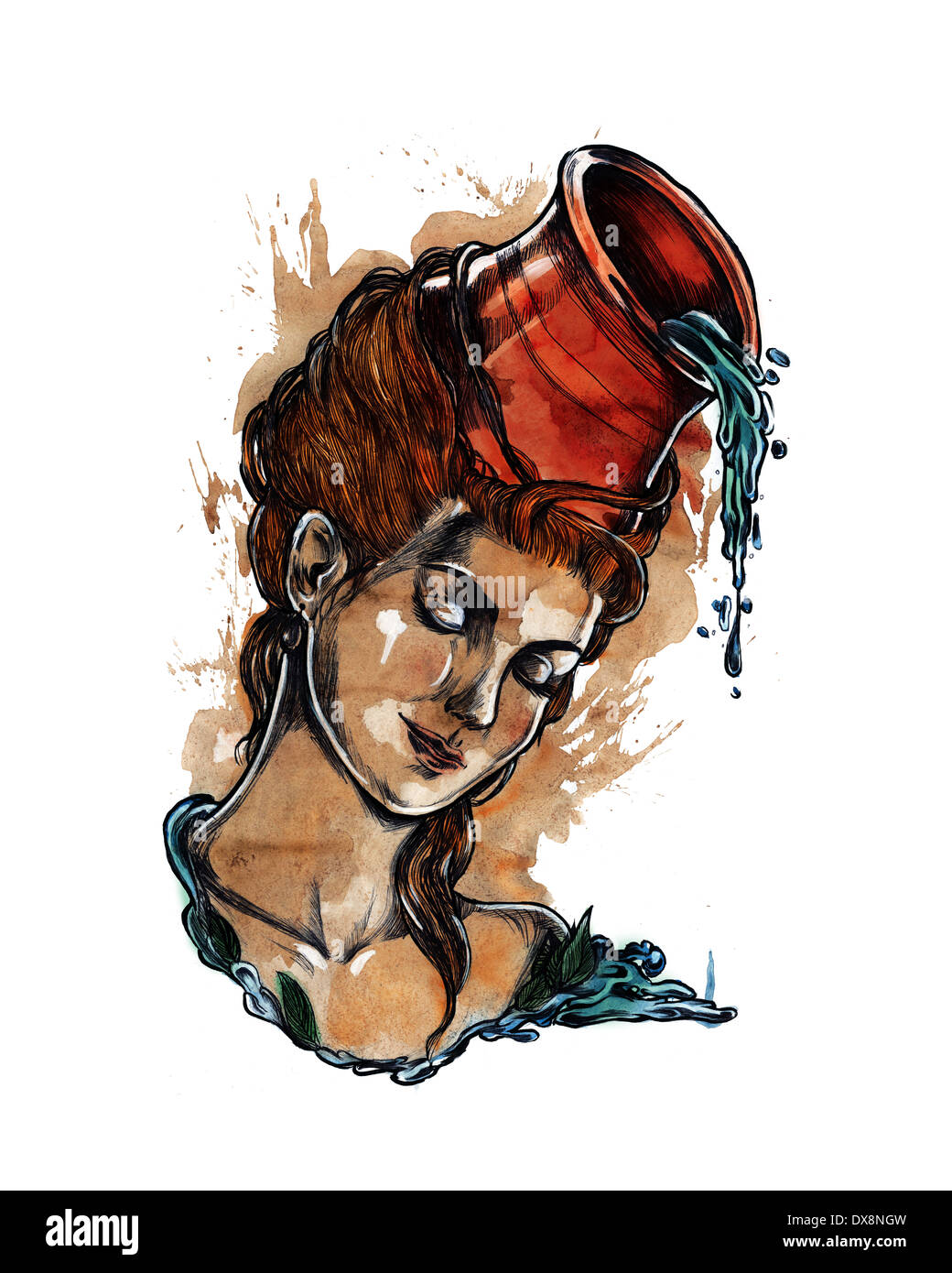 Darstellung der jungen Frau mit Topf gießen Wasser darstellt Wassermann Sternzeichen Stockfoto