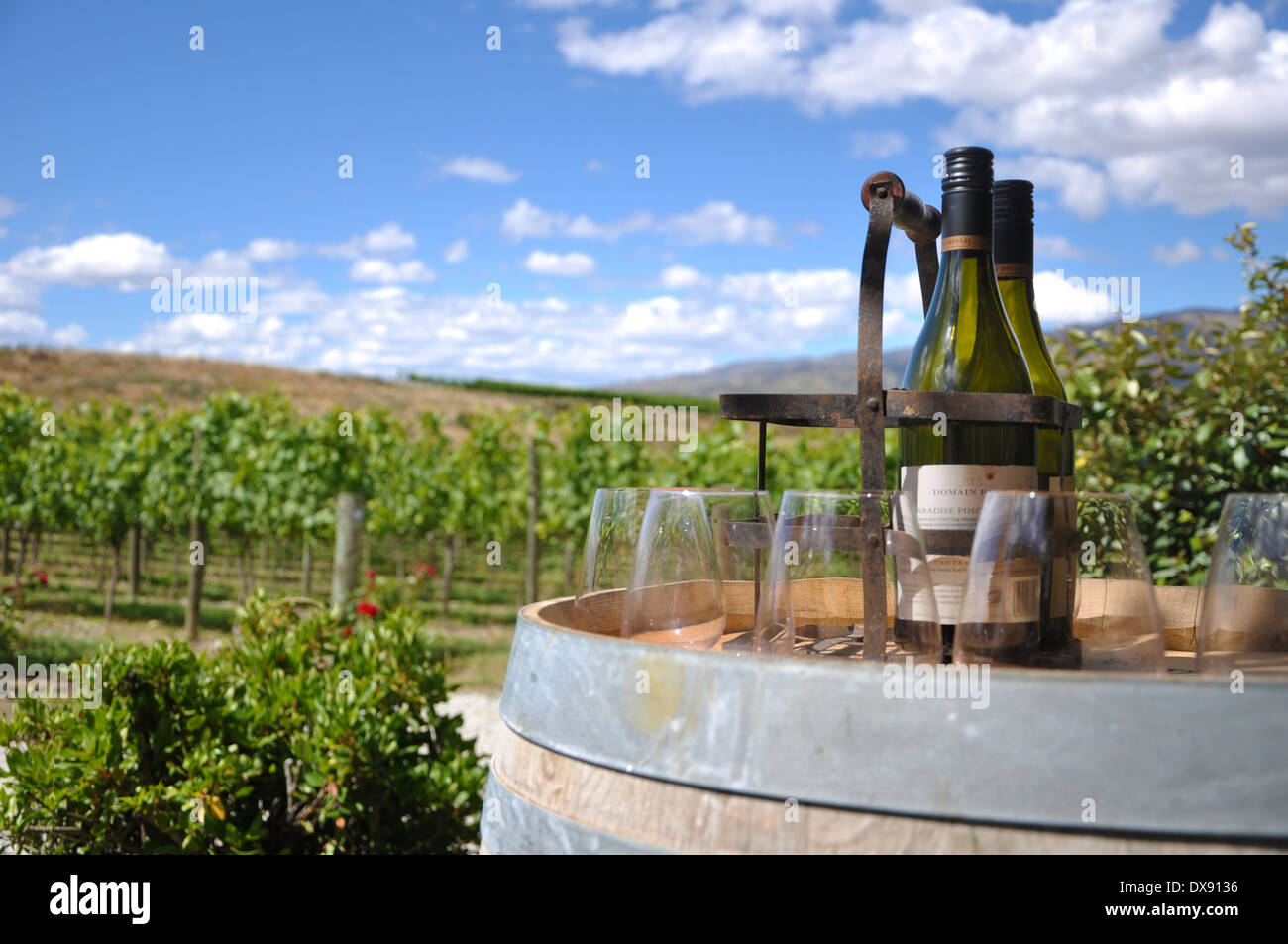 Weinprobe in central Otago Neuseeland Stockfoto