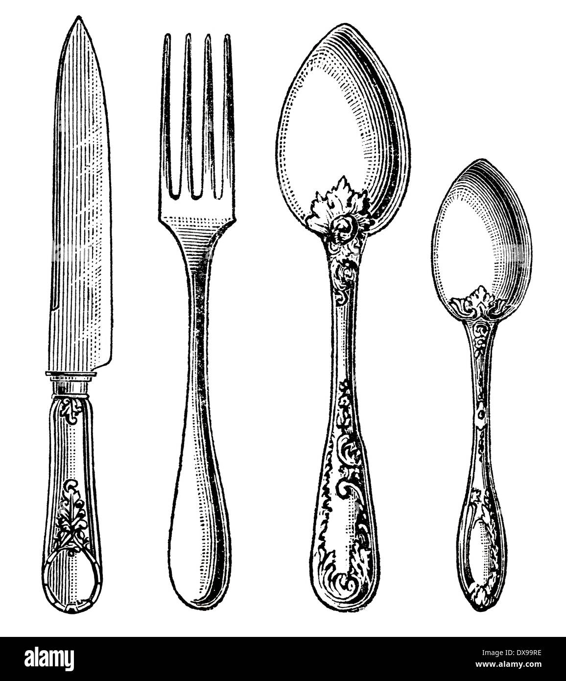 Vintage Besteck. Messer, Gabel und Löffel. Gravur auf weißem Hintergrund Stockfoto