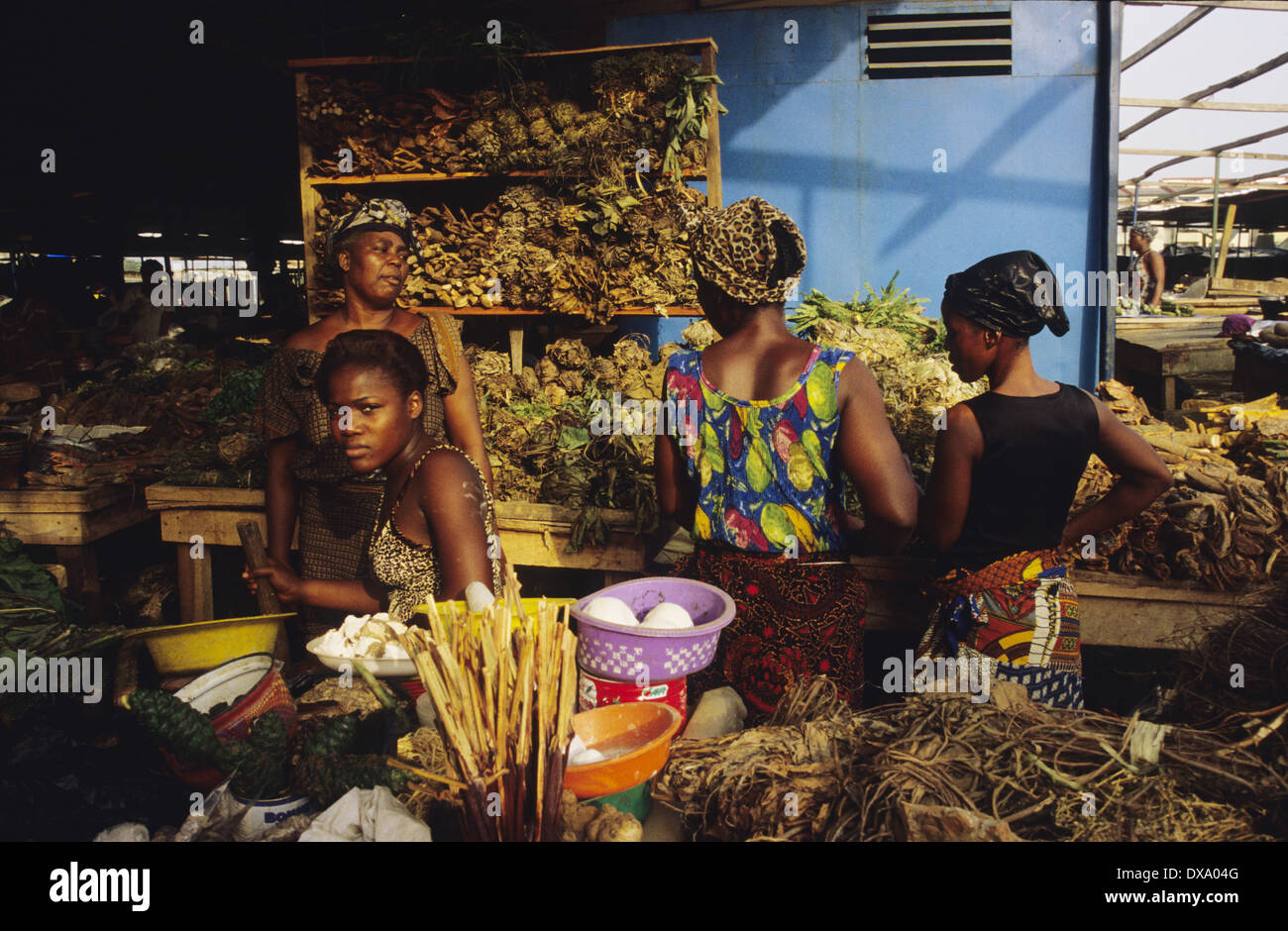Marktstand, Heilkräuter, Pflanzen und Gemüse Yopougon Township, gegenüber von Abidjan, Elfenbeinküste, Afrika zu verkaufen Stockfoto