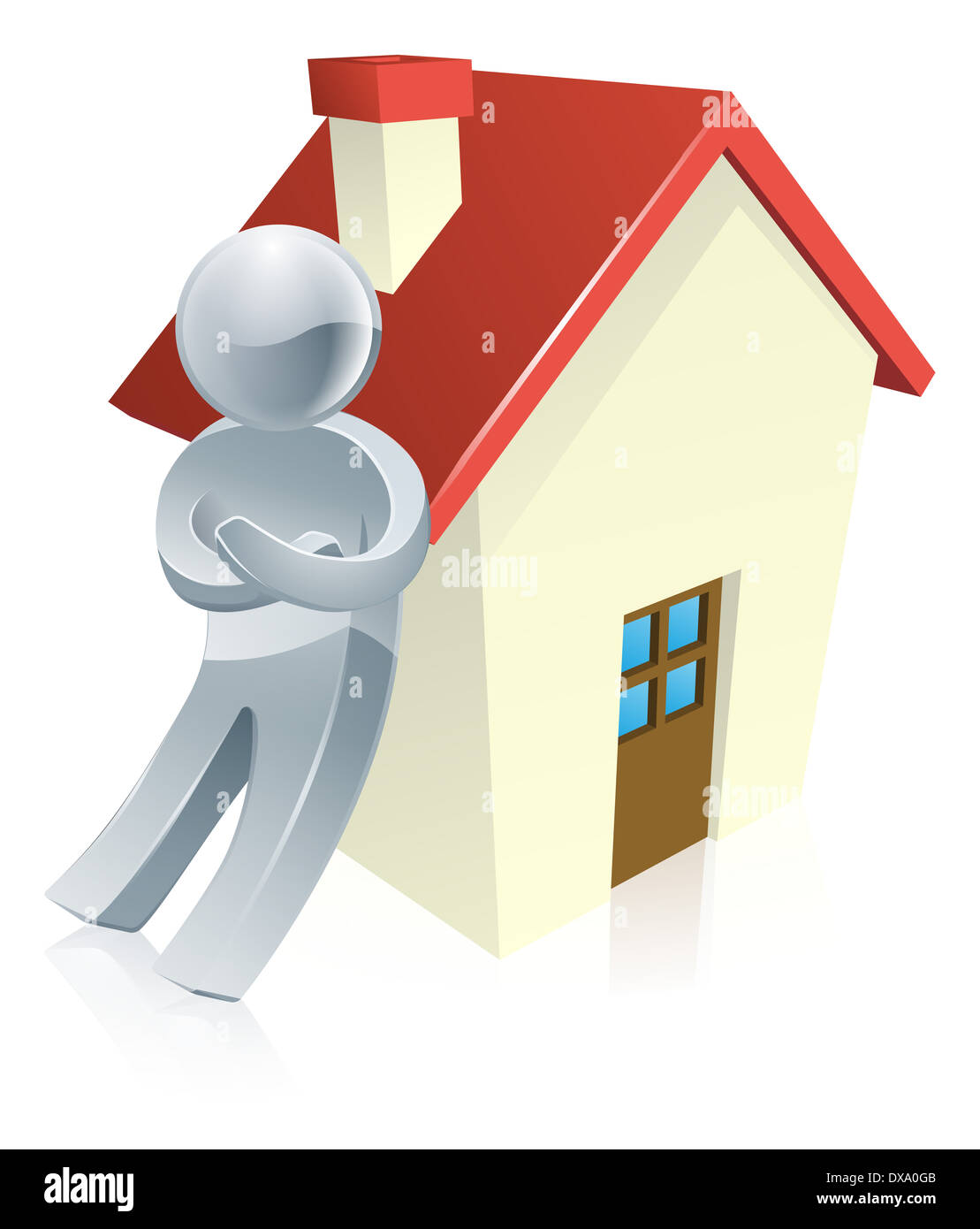 Maskottchen Person und Haus Illustration einer Figur stützte sich auf ein Haus Stockfoto