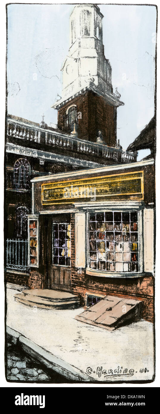 Benjamin Franklin's Bookshop neben Christus Kirche in Philadelphia. Hand - farbige Holzschnitt Stockfoto