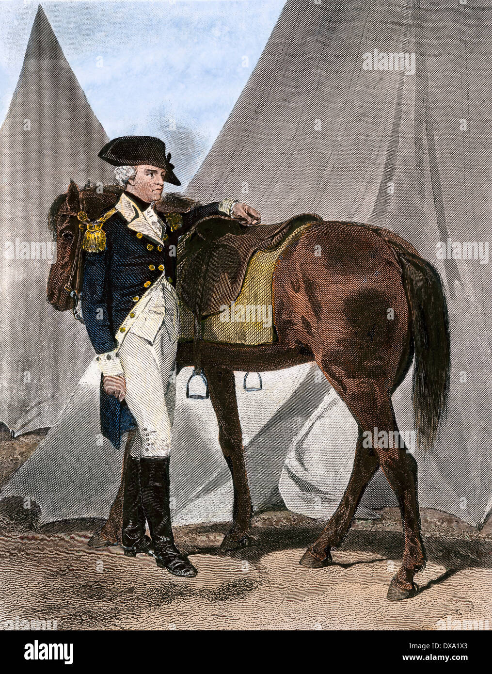 American General Anthony Wayne in seinem Sitz. Handcolorierte Stahlstich Stockfoto