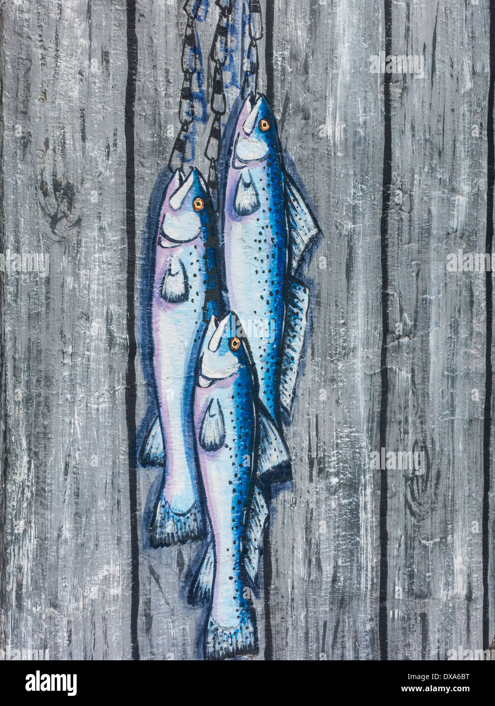 Stringer Fisch Kunstwerke auf verwitterten Holzwänden, Boca Grande, FL, USA Stockfoto