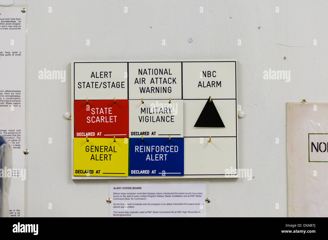 Alert-Status Board in einem Atombunker der 1980er Jahre Stockfoto