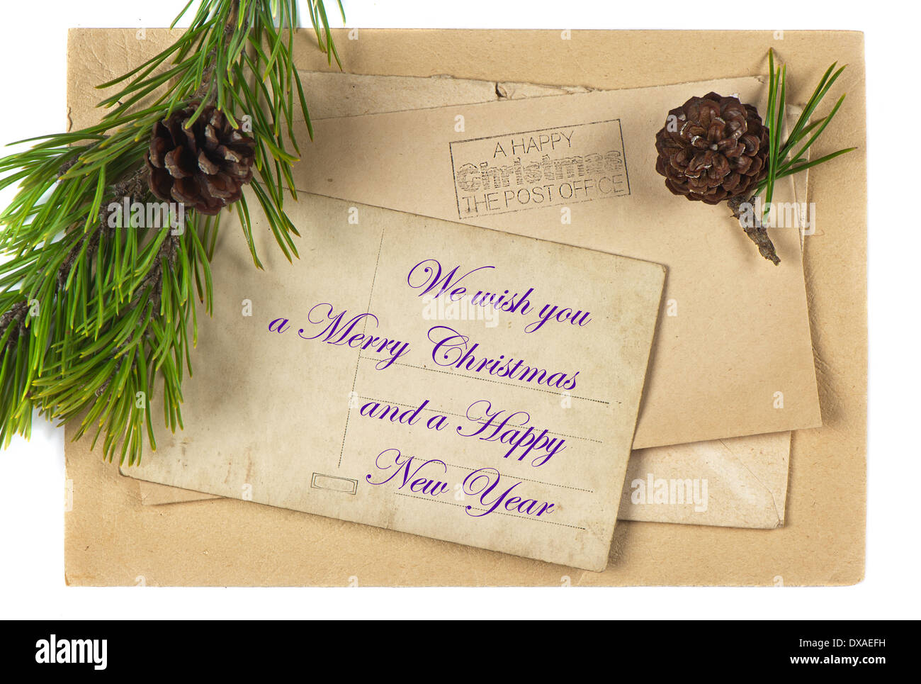 Weihnachts-Postkarte mit Text wir wünschen Ihnen ein frohes Weihnachtsfest und ein glückliches neues Jahr Stockfoto
