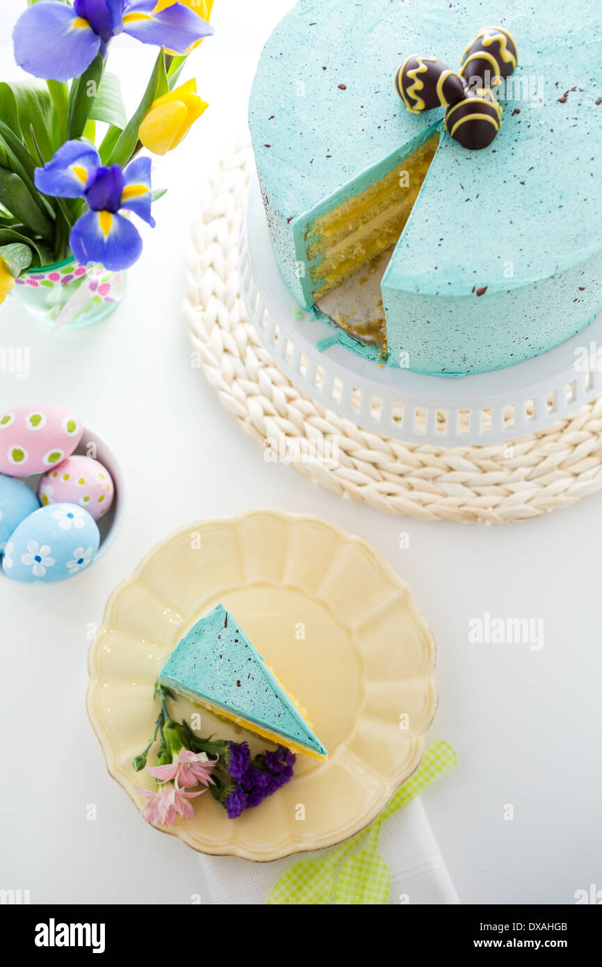 Ostern-Robins Ei Kuchen mit Schokolade Flecken und Ei-Trüffel. Stockfoto