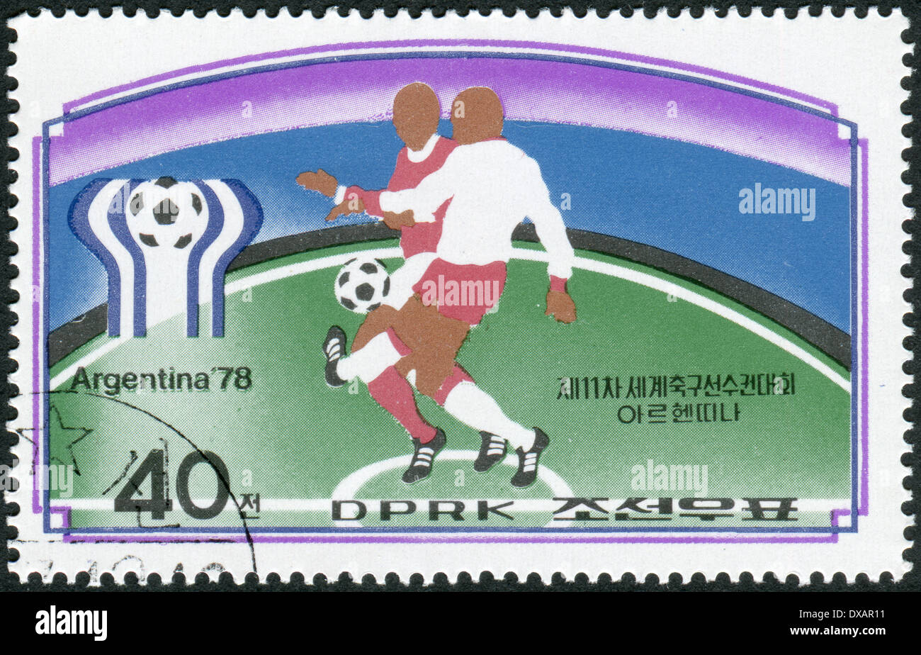 Briefmarke gedruckt in Nordkorea, gewidmet der Fußball-WM, Argentinien 78, zeigt Fußball-Spiele-Szenen Stockfoto