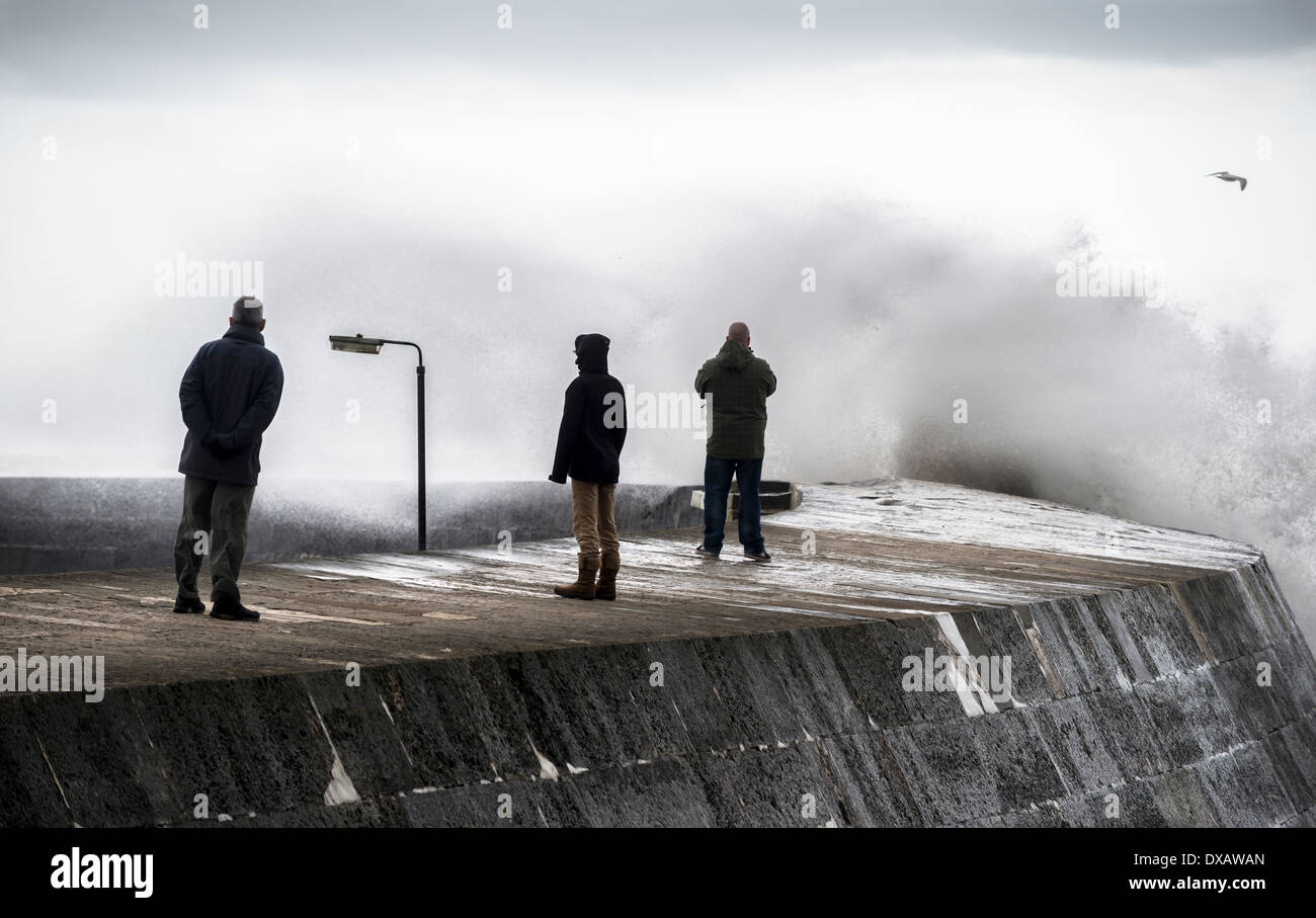 Leute beobachten die Wellen brechen gegen eine Hafenmauer Stockfoto