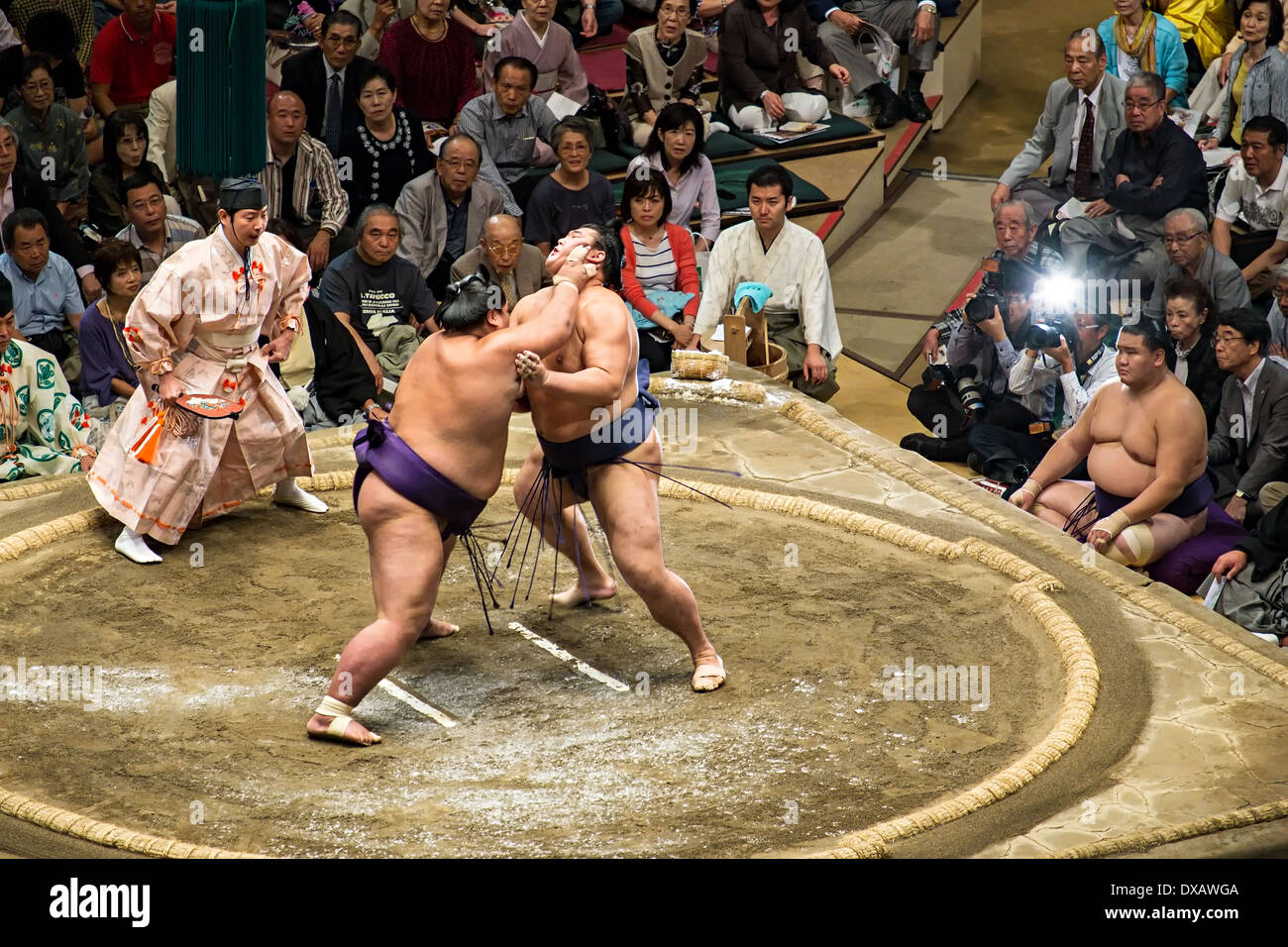 Sumo-Ringer kämpfen in den Wrestling-Ring bei 2013 September Grand Sumo-Turnier in Ryogoku Kokugikan, Tokyo, Japan Stockfoto