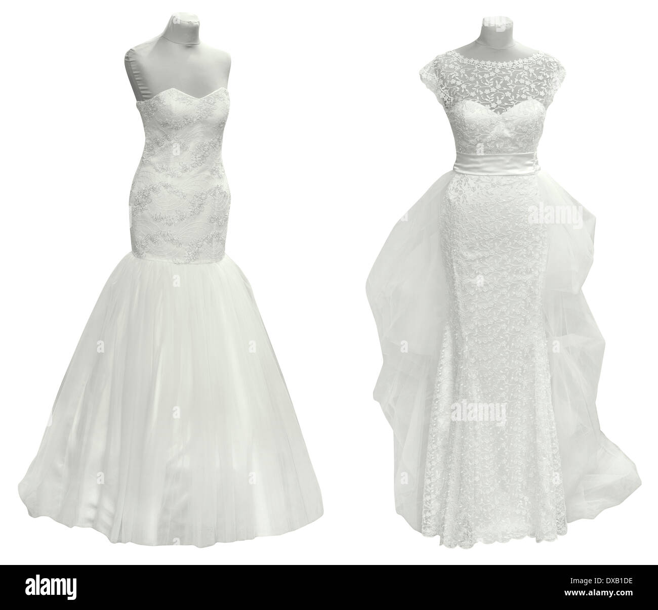 Zwei Hochzeitskleid mit Schneidepfad isoliert Stockfoto