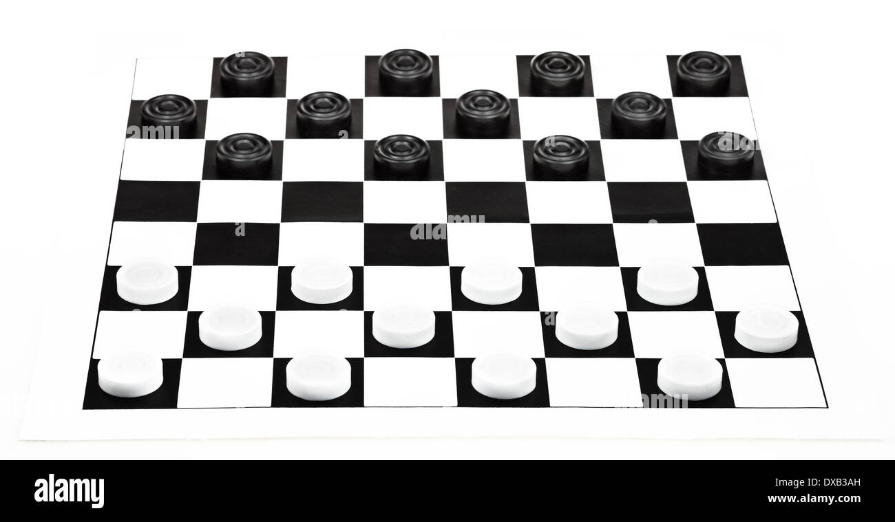 Startposition auf Vinyl 8 x 8 checkers Board isoliert auf weißem Hintergrund Stockfoto