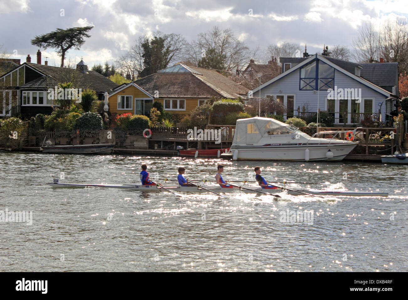 Themse in Hampton Court, SW-London, UK. 22. März 2014. Vier Mann ewern während der Kingston-Kopf des Rennens Fluss vorbei an Häusern in Thames Ditton einschalten. Über 200 Mannschaften kämpften in der jährlichen Veranstaltung für 3 Meilen von der Themse zwischen Hampton Court Palace und Kingston Rowing Club. Die Mannschaften, die alle aus dem Süden Englands konkurrierten ist mehrere Klassen einschließlich Achter, Vierer, Schädeln und Ruderer, Senior, Junior, Herren- und Damen-Teams. Ergebnisse noch nicht verfügbar. Bildnachweis: Julia Gavin/Alamy Live-Nachrichten Stockfoto