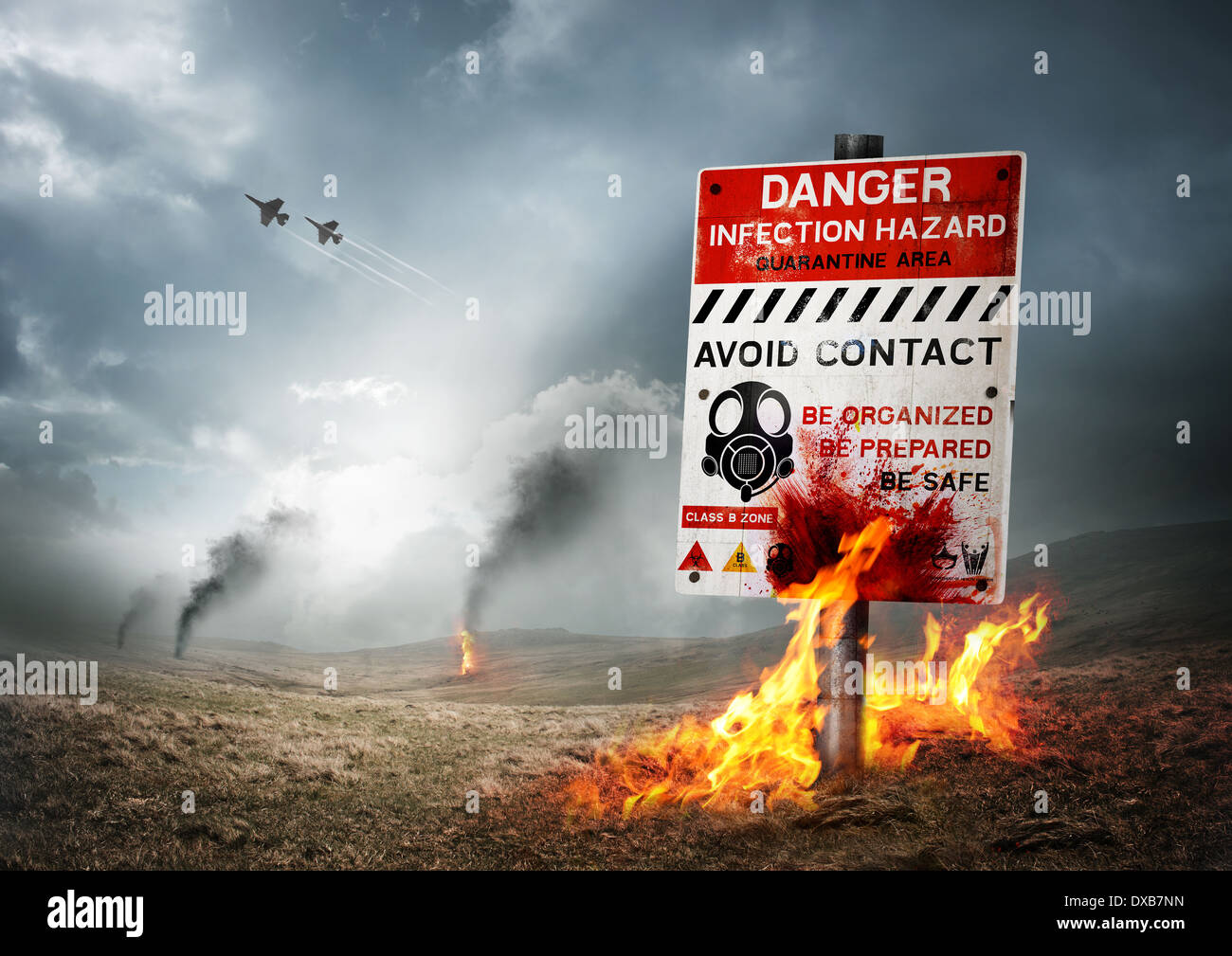 Zombie-Ausbruch - kontaminierten Land mit Warnschild. Stockfoto
