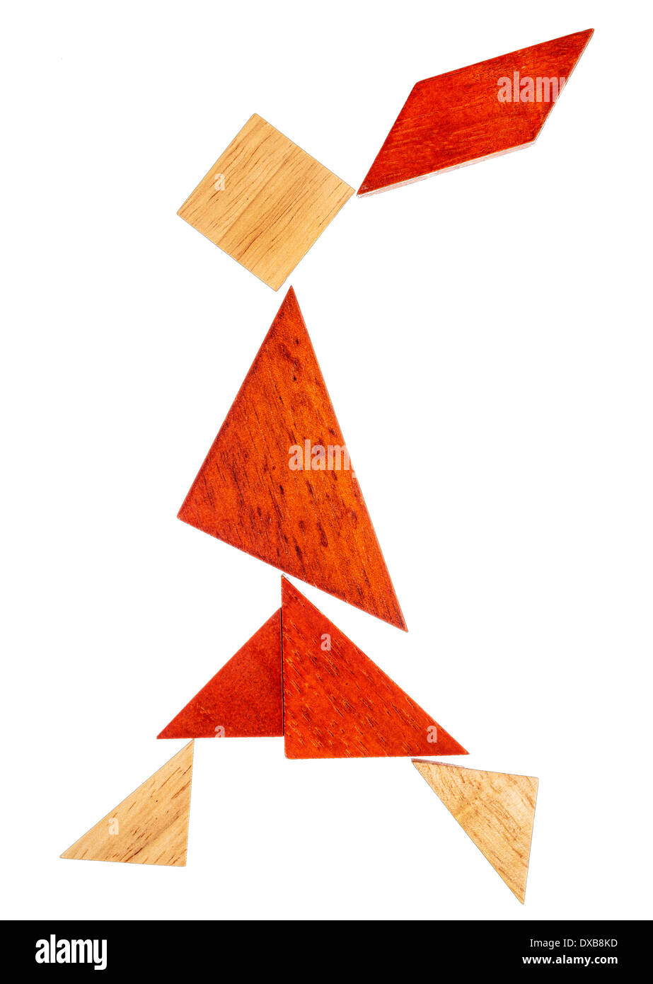 abstrakte Figur von einem Wander- oder laufenden Mädchen aus sieben Tangram Holzteile, ein traditionelles chinesisches Puzzlespiel gebaut Stockfoto