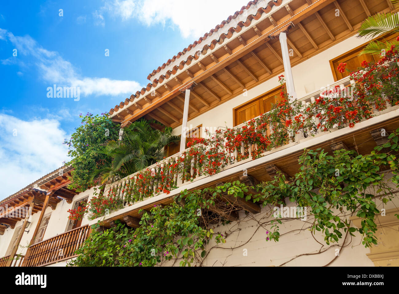 Weiße kolonialen Balkon in Cartagena/Kolumbien mit roten Blüten auf historischen Stockfoto