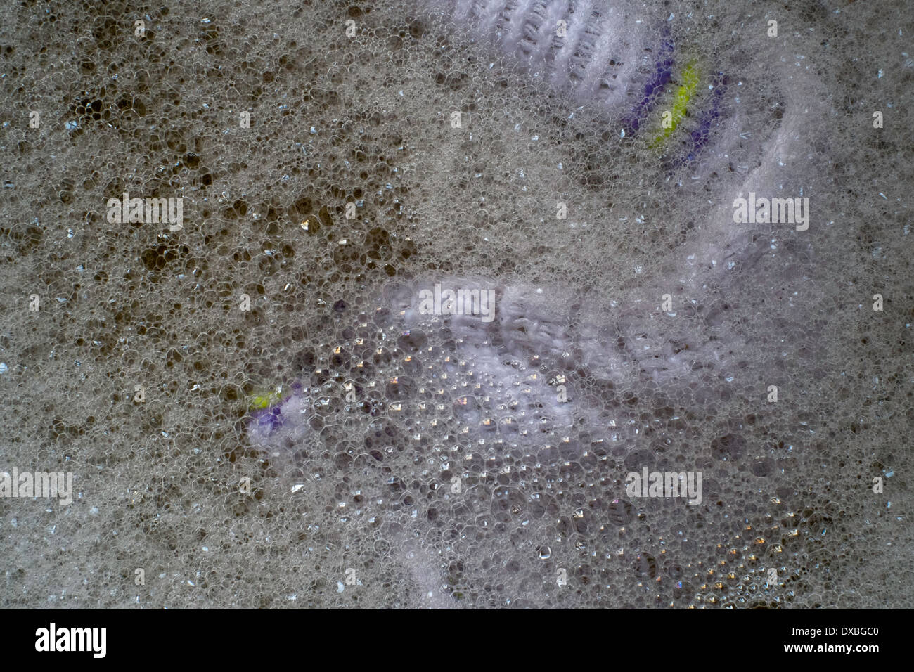 Geschirrtuch in Seifenwasser. Stockfoto