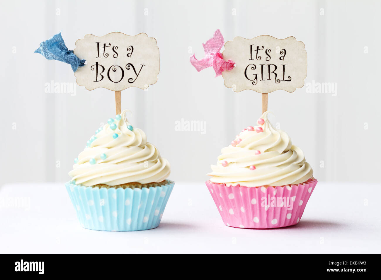 Baby-Dusche-Cupcakes für ein Mädchen und jungen Stockfoto